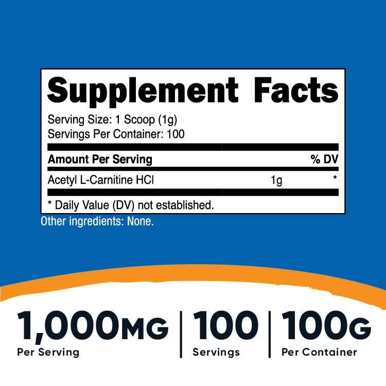 Nutricost Acetyl L-Carnitine (ALCAR) 100 Grams - 1000mg Per Serving - Non-GMO, Gluten Free NutricostBuy Supplements Australia