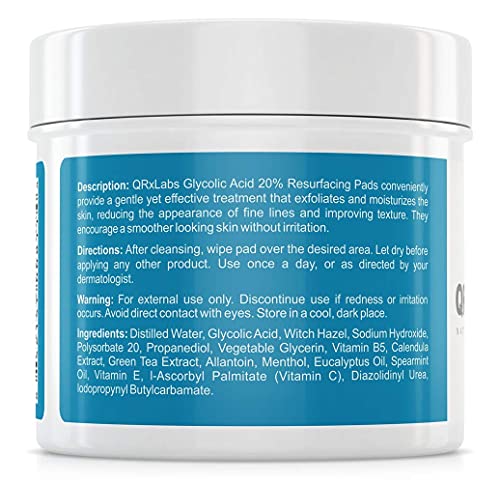 QRxLabs Glycolic Acid 20% Resurfacing Pads for Face & Body with Vitamins B5 QRxLabsBuy Supplements Australia