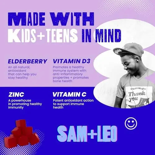 SAM+LEO Immunity Gummies with Elderberry, Echinacea, Zinc & Vitamin C for Kids & Teens – Immune Support Supplement Gummies | SAM+LEO