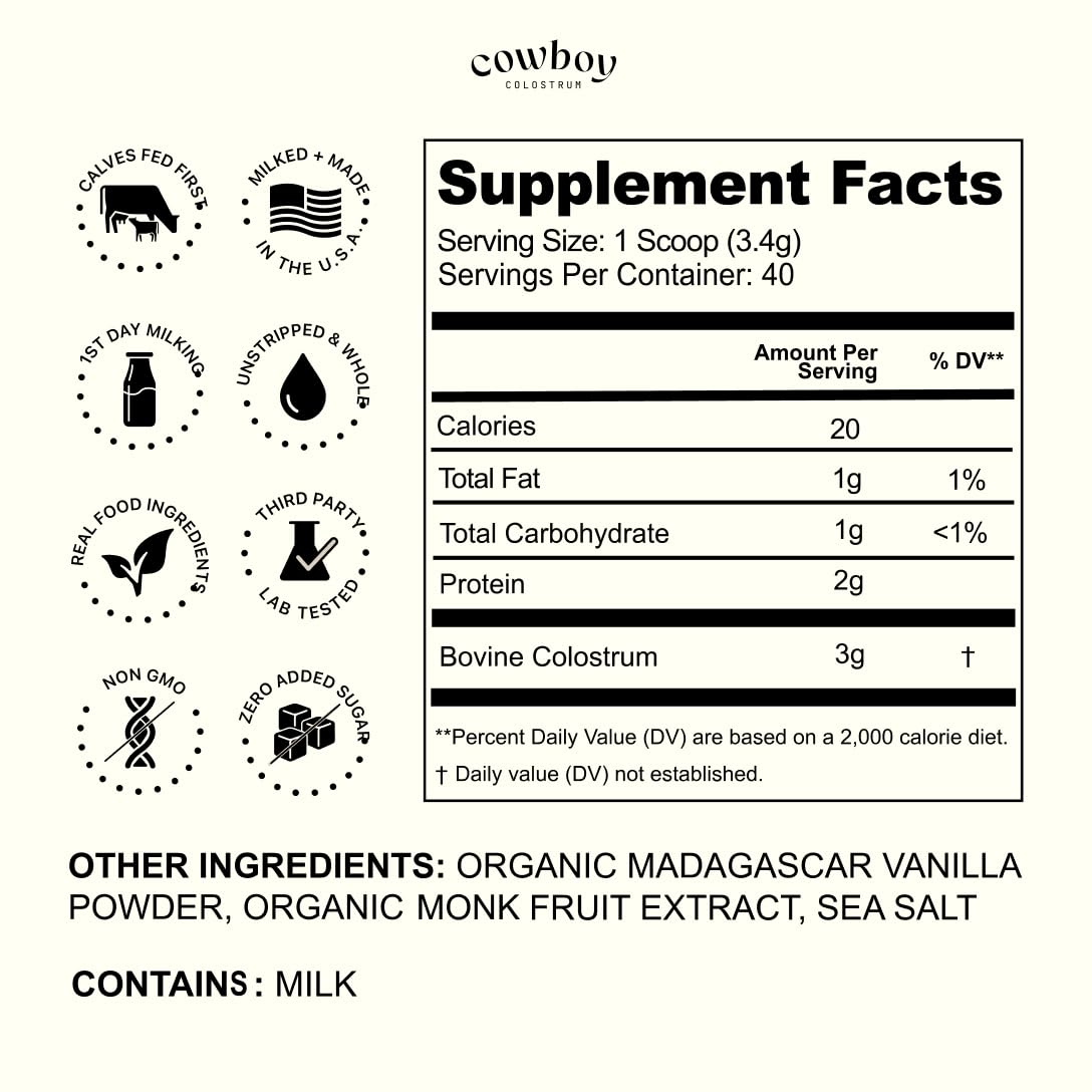 Cowboy - The Exclusive 1st Milking, Whole, Grass Fed Colostrum Supplement for Full Body Health - Bovine Colostrum Powder Packed w/Bioactive Nutrients - Sugar Free (Vanilla, 40 Servings) COWBOY COLOSTRUMBuy Supplements Australia