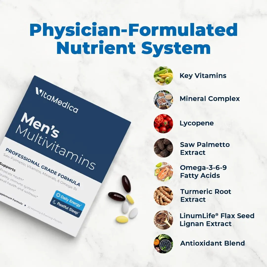 VitaMedica Men’s Multivitamin with Prostate Health Support | Vitamins, Minerals, Omega3s and Saw Palmetto | Box of 30 Easy Daily Packs | VitaMedica
