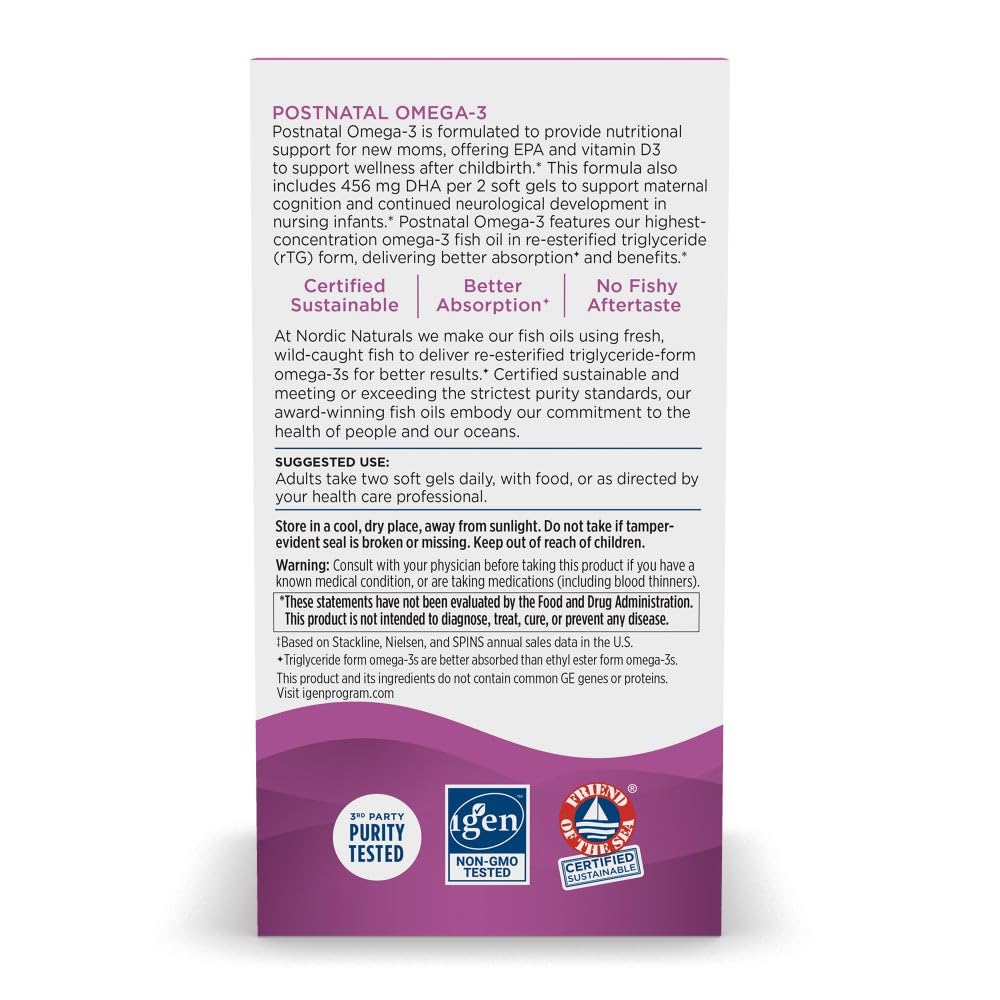 Nordic Naturals Postnatal Omega-3, Lemon - 60 Soft Gels - 1120 Total Omega-3 + 1000 IU Vitamin D3 - Formulated for New Moms; Supports Optimal Wellness,