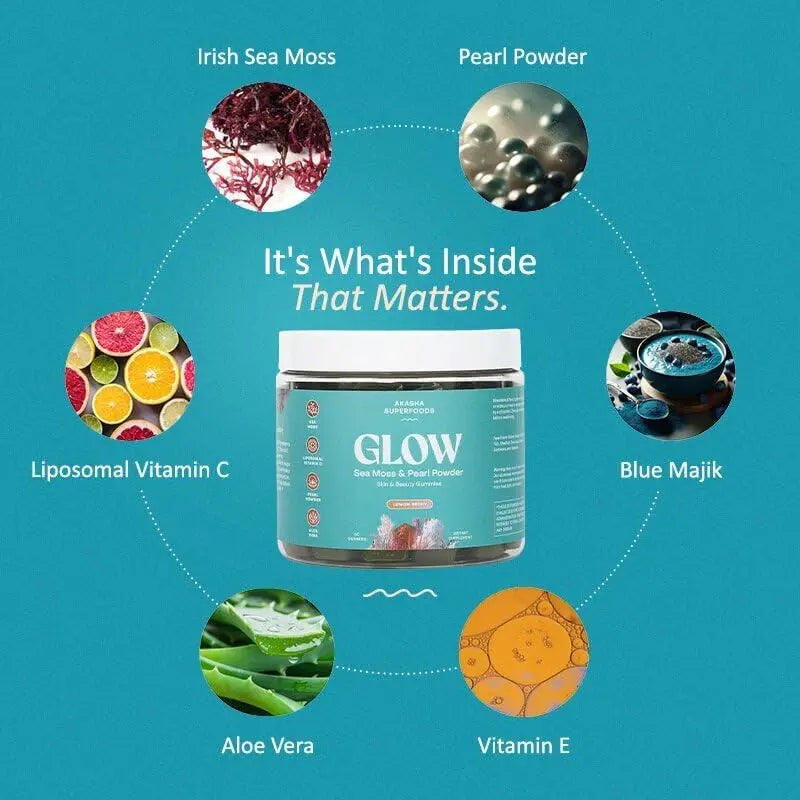 Akasha Superfoods Sea Moss Glow Gummies, Hair, Skin & Nails Vitamins with Seamoss, Pearl Powder, Vitamin E, Aloe Vera, Liposomal Vitamin C Akasha SuperfoodsBuy Supplements Australia