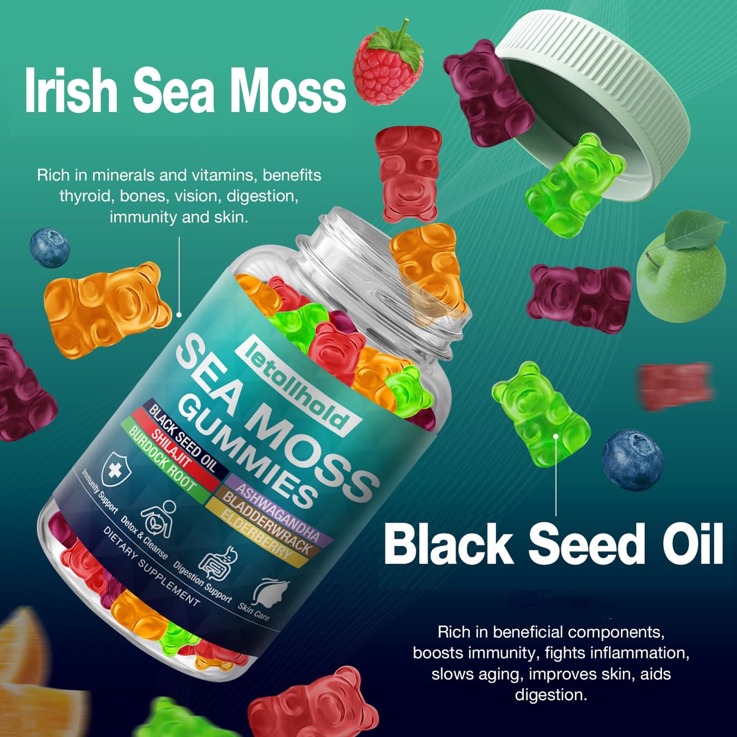 Sea Moss Gummies - Irish Sea Moss Gummies Advanced for Adults with Ashwagandha Bladderwrack & Burdock Root for Supports Immune,Energy - 60 Vegan Gummy,5PCS letollholdBuy Supplements Australia