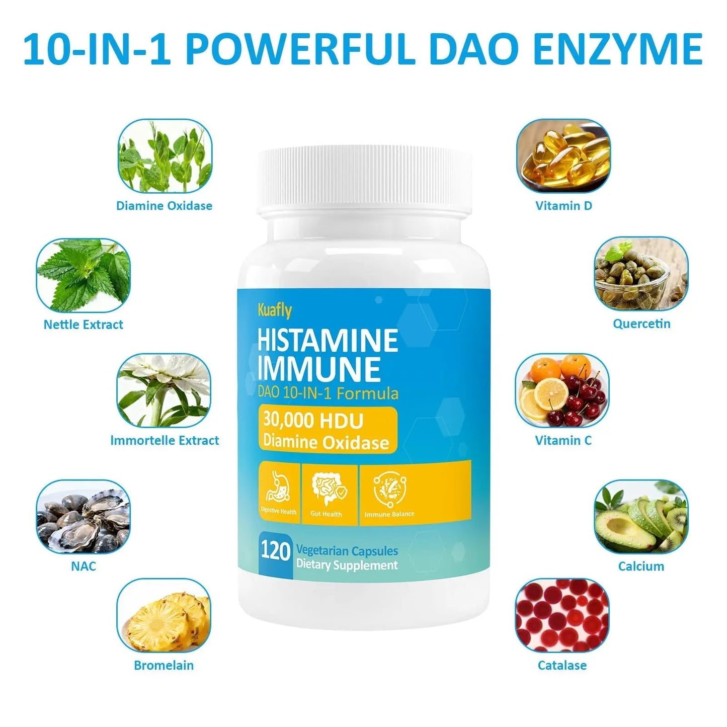KUAFLY DAO Enzyme Supplements Histamine Blocker 120 Capsules– Natural DAO Supplement with Diamine Oxidase & Quercetin KUAFLYBuy Supplements Australia