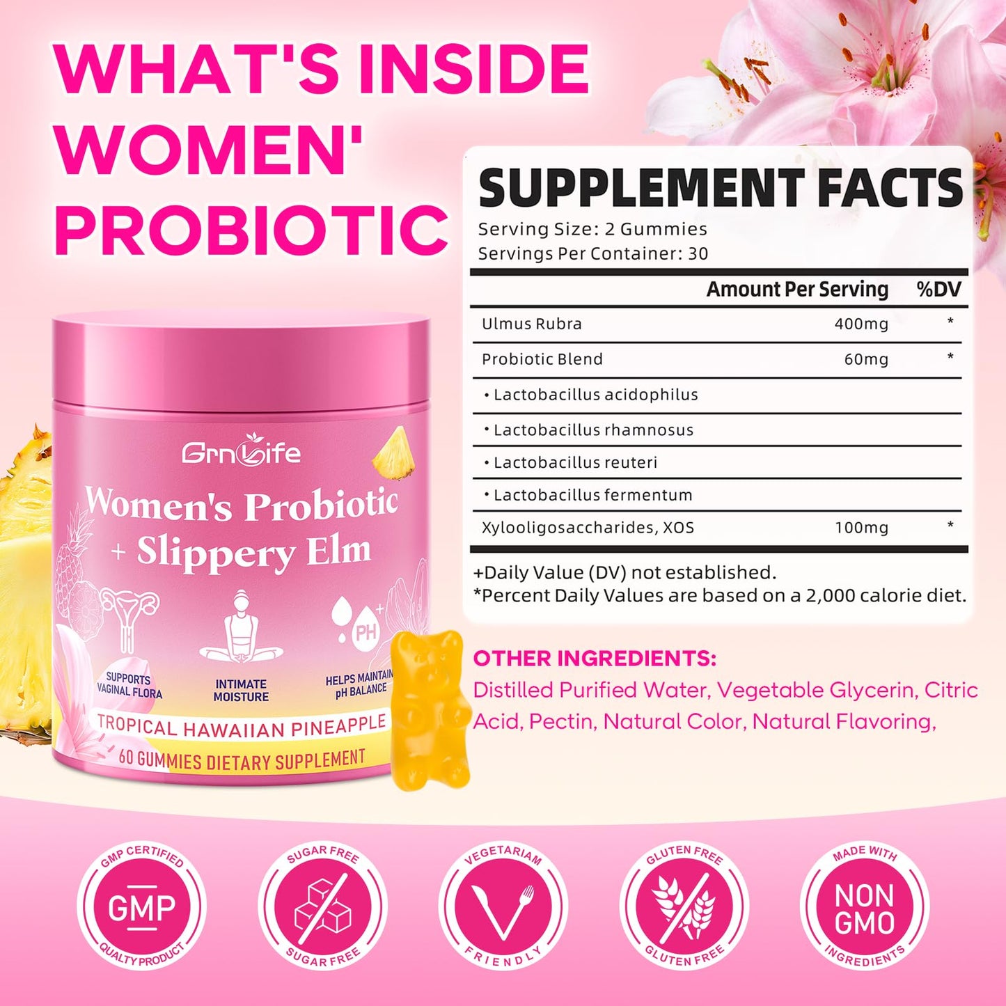 GrnLife Women's Probiotic Slippery Elm Gummies, Her Juicy Feminine Probiotics Gummies for pH Balance & Immune Supports, Pineapple Flavor, 60 Count GrnLifeBuy Supplements Australia