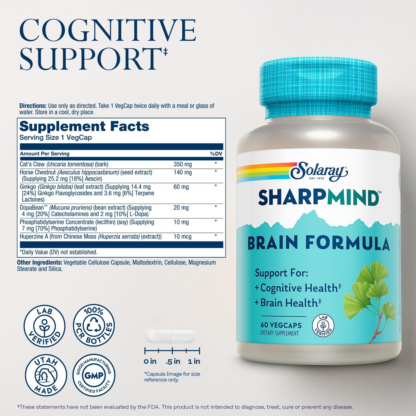 SOLARAY SharpMind Brain Support Formula - Nootropic Brain Supplements - Cognitive and Brain Health Support with Ginkgo Biloba - 60-Day Guarantee, 60 Servings, 60 VegCaps SOLARAYBuy Supplements Australia