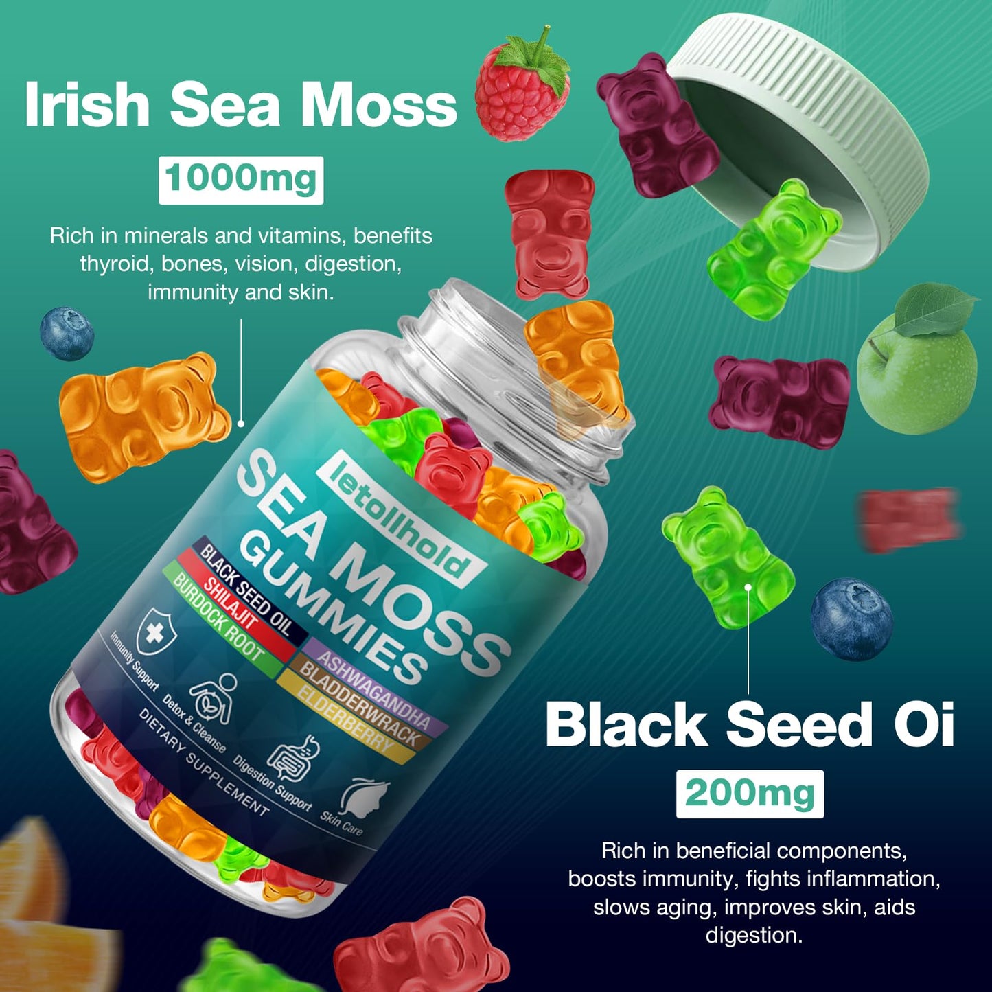 Sea Moss Gummies - Irish Sea Moss Gummies Advanced for Adults with Ashwagandha Bladderwrack & Burdock Root for Supports Immune,Energy - 60 Vegan Gummy,2PCS letollholdBuy Supplements Australia