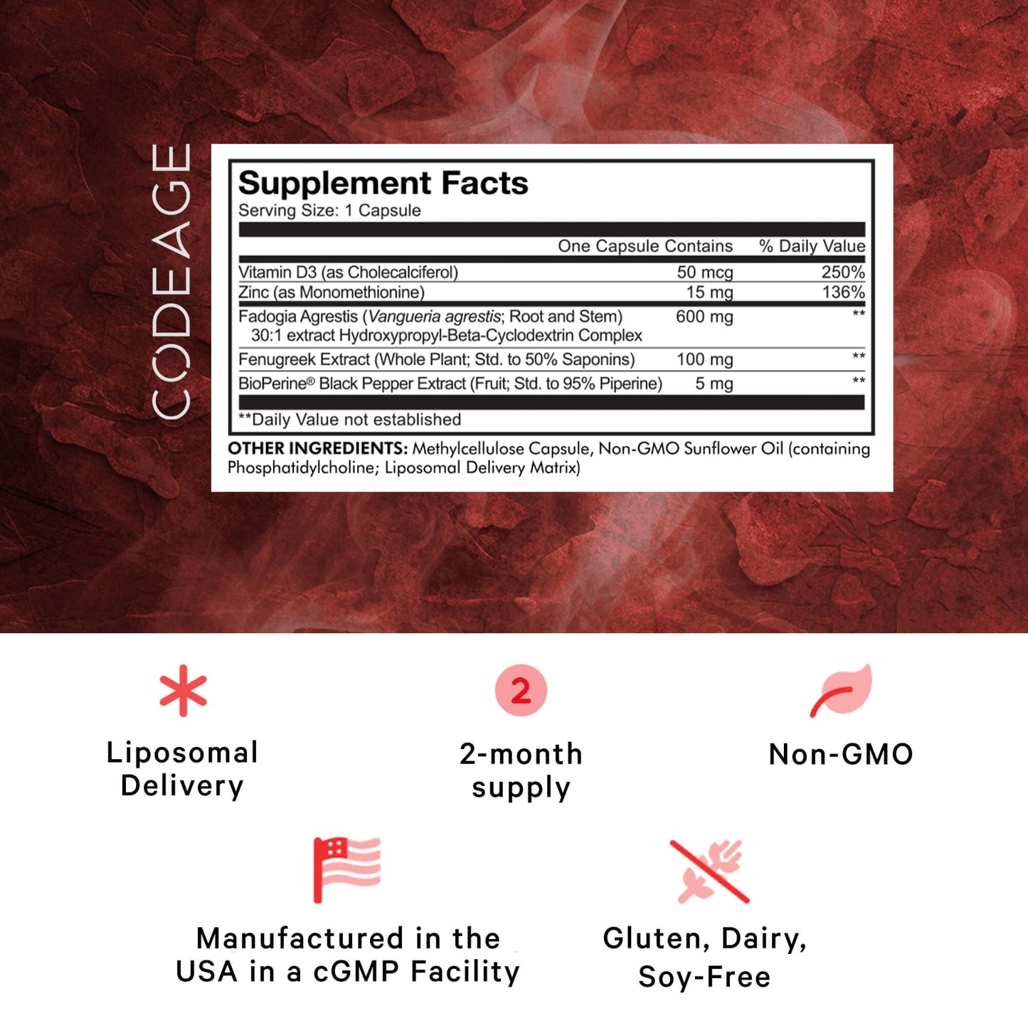 Codeage Liposomal Fadogia Agrestis 600mg Supplement - Fadogia Agrestis 30:1 Extract, Vitamin D3, Zinc, Fenugreek, BioPerine Black Pepper - 2-Month Supply - Liposomal Delivery - Non-GMO, 60 Capsules CodeageBuy Supplements Australia