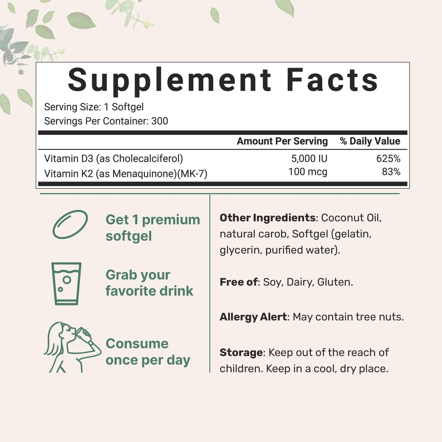 Vitamin D3 5000 IU Plus K2 (MK-7) 100 mcg, 300 Virgin Coconut Oil Softgels Micro IngredientsBuy Supplements Australia