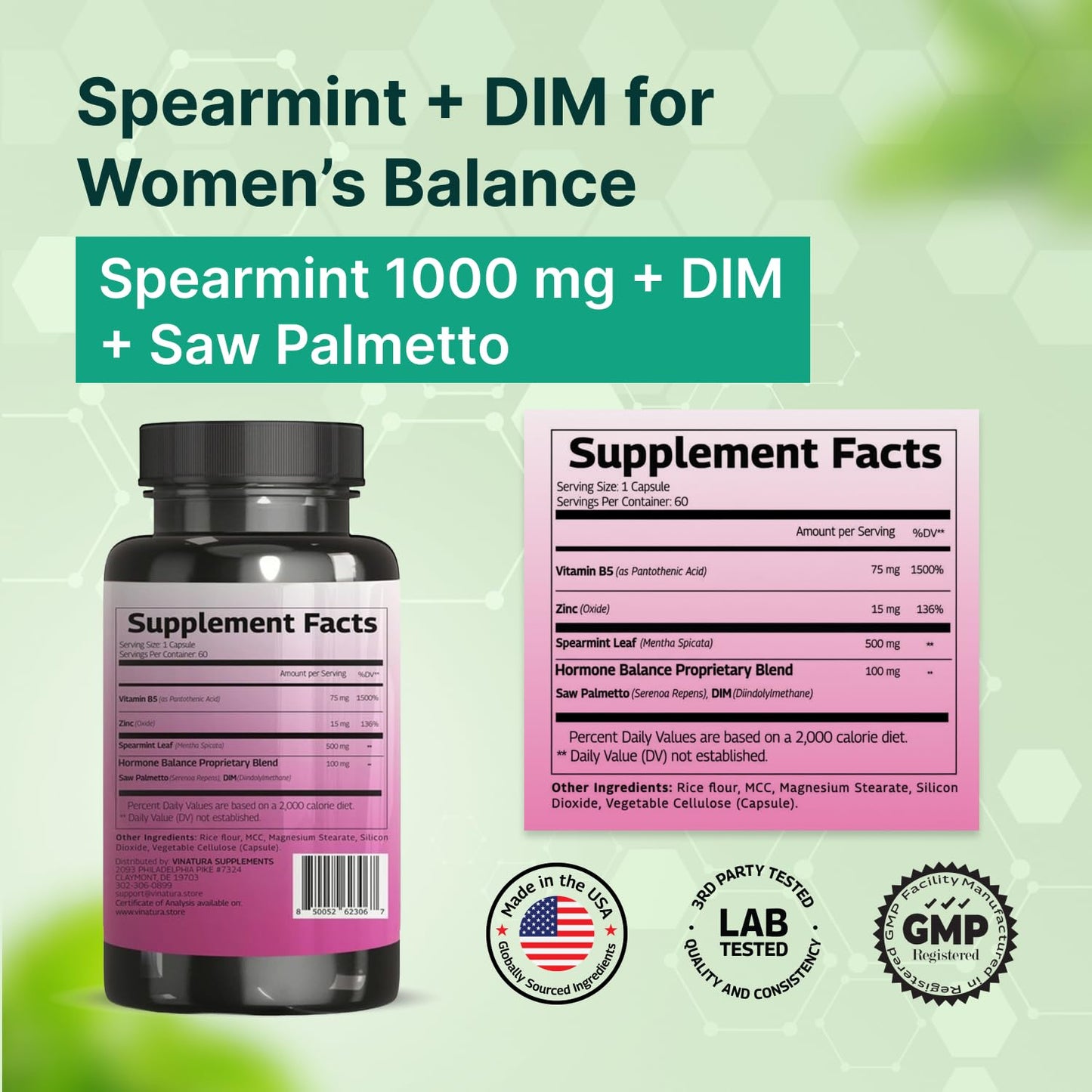 VINATURA Spearmint Leaf Capsules Supplement - Enhanced with DIM & Saw Palmetto, for Unwanted Hair, Women' Health & Skin *USA Made & Tested* - 1380mg/serving, 60 Capsules (30 Servings) VINATURABuy Supplements Australia