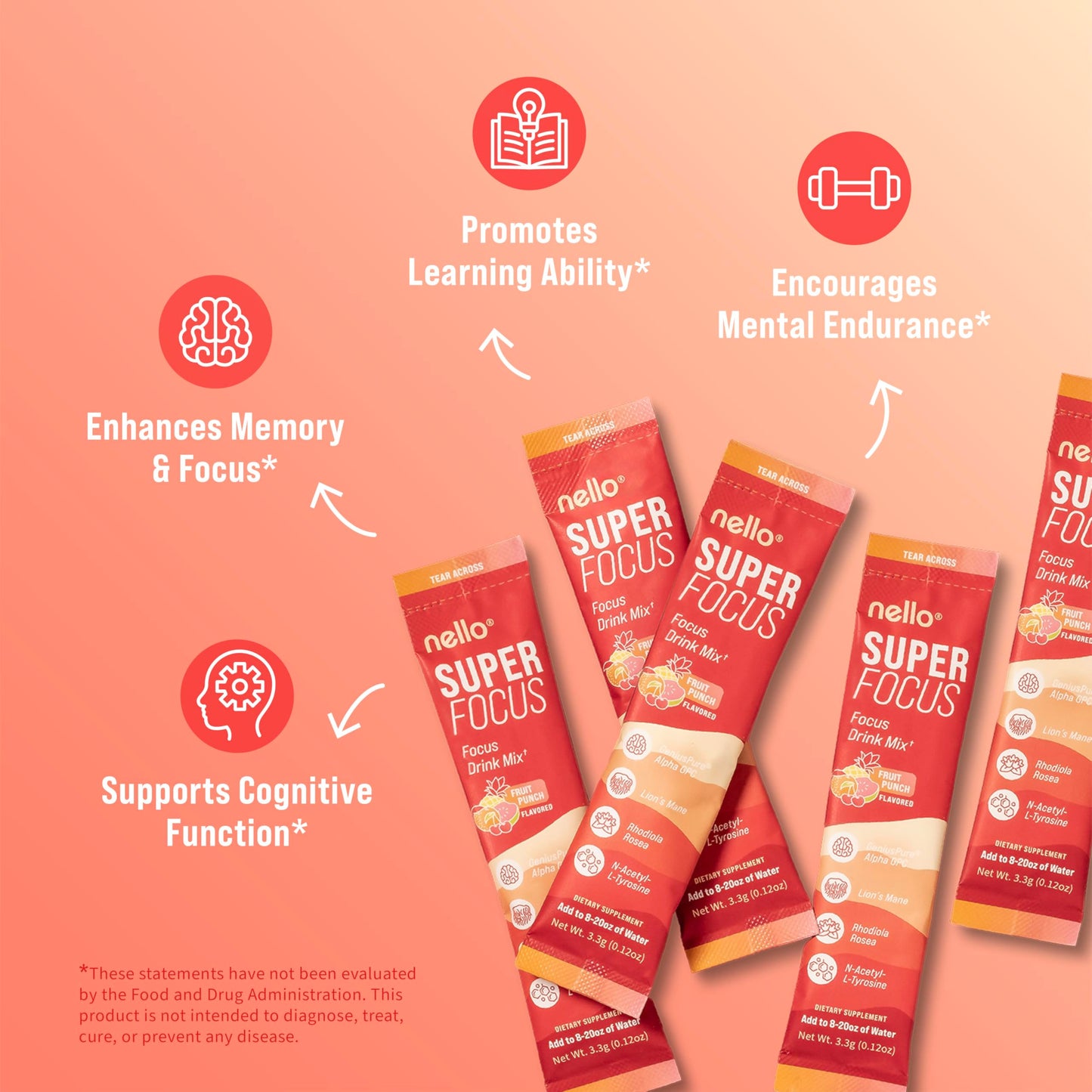 Nello Superfocus Focus Drink Mix – Fruit Punch Flavor – Alpha GPC, Lion’s Mane, Rhodiola & N-Acetyl L-Tyrosine – Sugar-Free, On-the-Go Packets – 20 Servings NelloBuy Supplements Australia