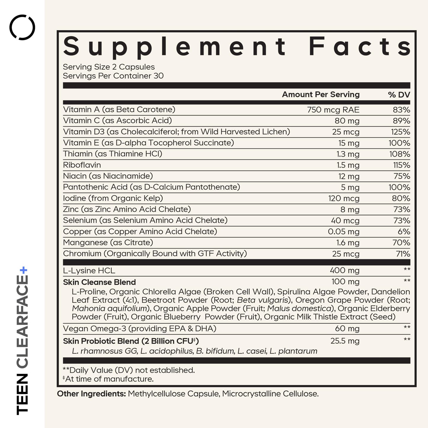 Codeage Teen Clearface Adolescent Face, Skin & Pimples, Vitamins A, C, D3, E, Pantothenic Acid, Niacin, Zinc Supplement Teenagers, Probiotics, L-Lysine, Omega-3, Oily Skin, Pores, Spots - 60 Capsules CodeageBuy Supplements Australia
