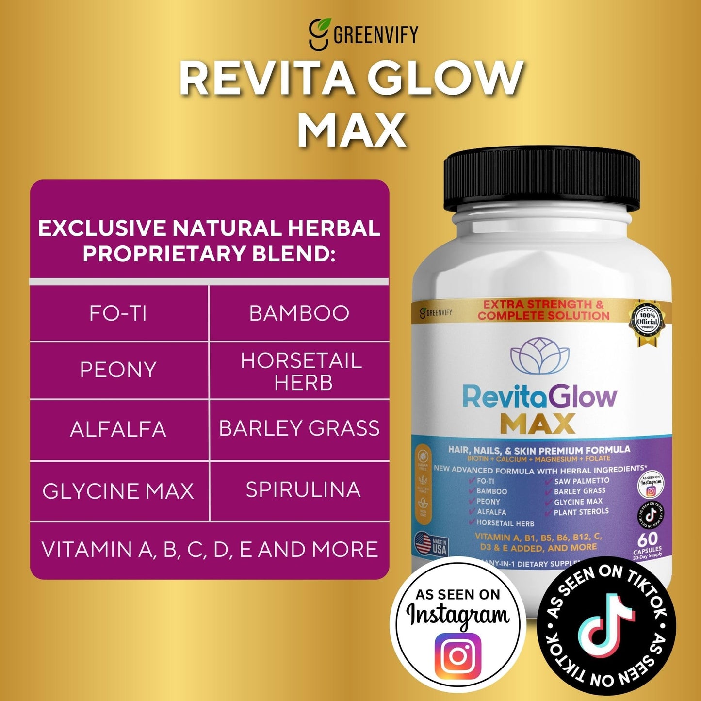 GREENVIFY RevitaGlow Max Hair, Nails & Skin Premium Formula, 60 Capsules, 30-Day Supply, with Biotin, Vitamins A, B1, B5, B6, B12, C, D3, E (1) GREENVIFYBuy Supplements Australia