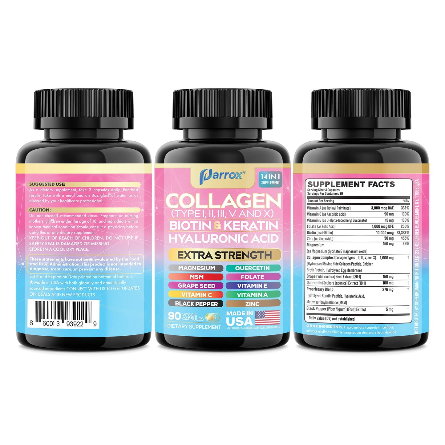 Parrox Collagen Peptides Types I, II, III, V & X, MCG Biotin, Keratin, Hyaluronic Acid, MSM, Zinc, Grape Seed Extract, Quercetin, Vitamin A, Vitamin C,