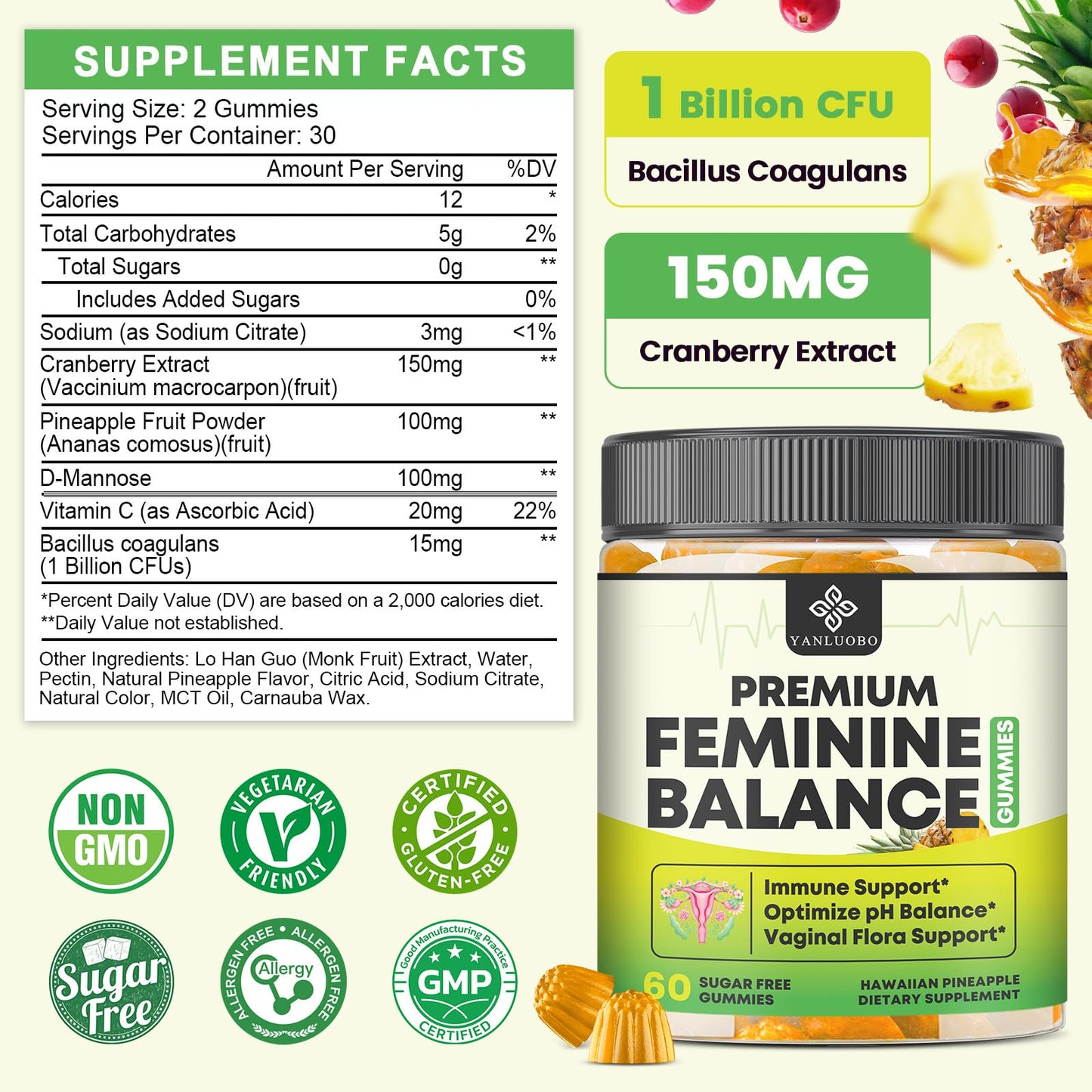 YANLUOBO Feminine Balance Probiotic Gummies - Women's Vaginal Health Support | PH Balance & Odor, Flora, Immune Support | Probiotics for Women, Vegan Pineapple Flavor, 60 Count YANLUOBOBuy Supplements Australia