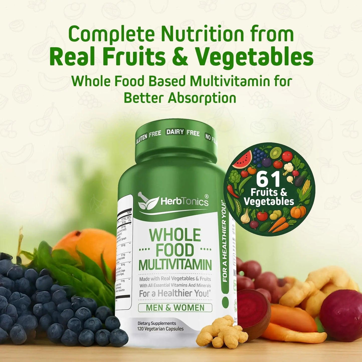 Herbtonics Whole Food Multivitamin for Men & Women – Vegan Multivitamin with Real Fruits & Veggies, Probiotics, CoQ10 Herbtonics