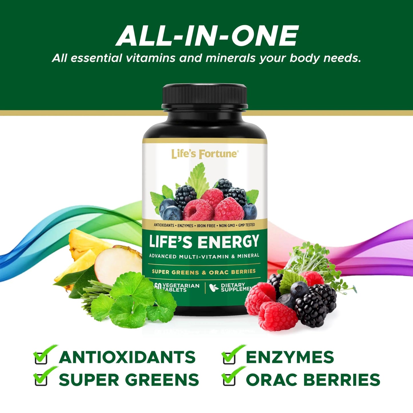 Life's Energy Advanced Daily Multivitamin for Men & Women, Energy and Immune Support Supplement with Super Greens, Antioxidants, Enzymes Life's Fortune