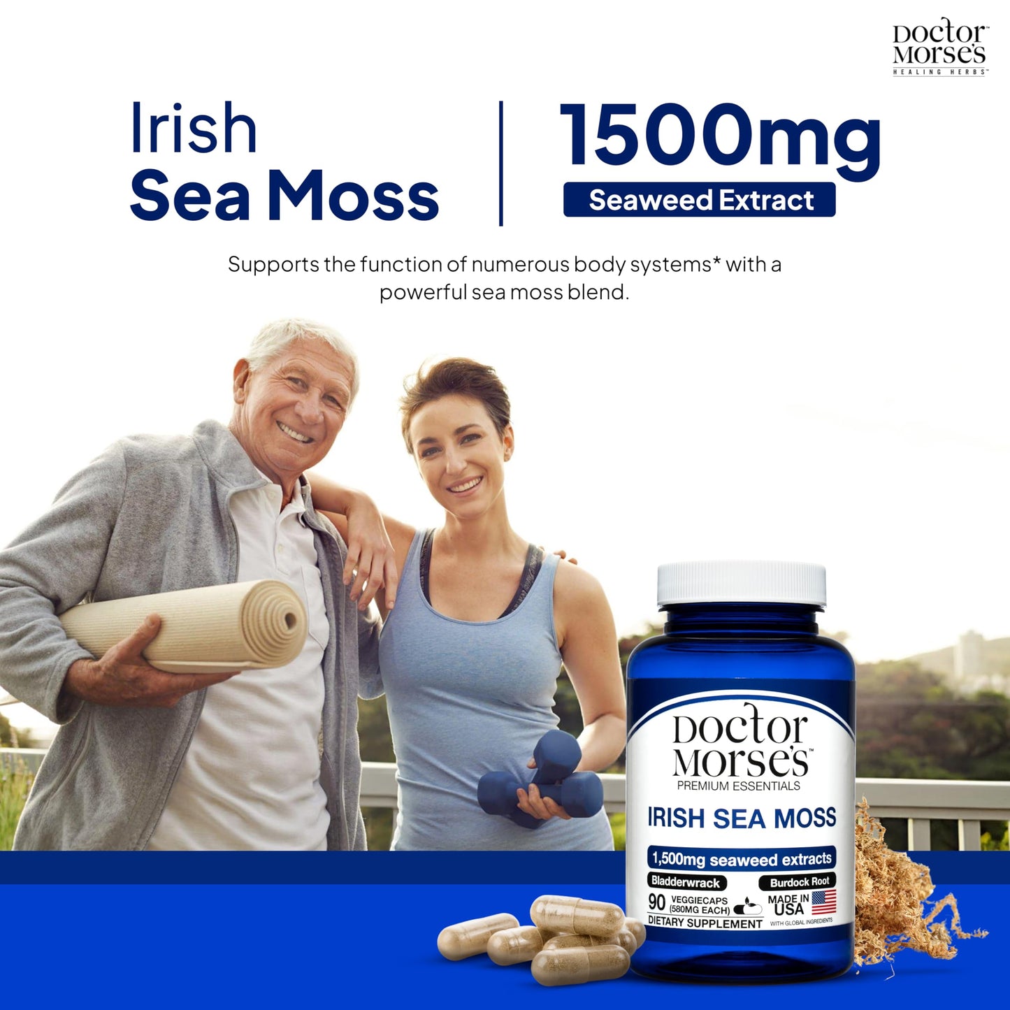 Irish Sea Moss Advanced Supplement Capsules 1500mg, Ultra Potent Seamoss Advanced with Bladderwrack & Burdock Root, Made in FDA-Registered, NSF-Certified Facility, Overall Health Support, 90 Capsules Doctor Morse'sBuy Supplements Australia