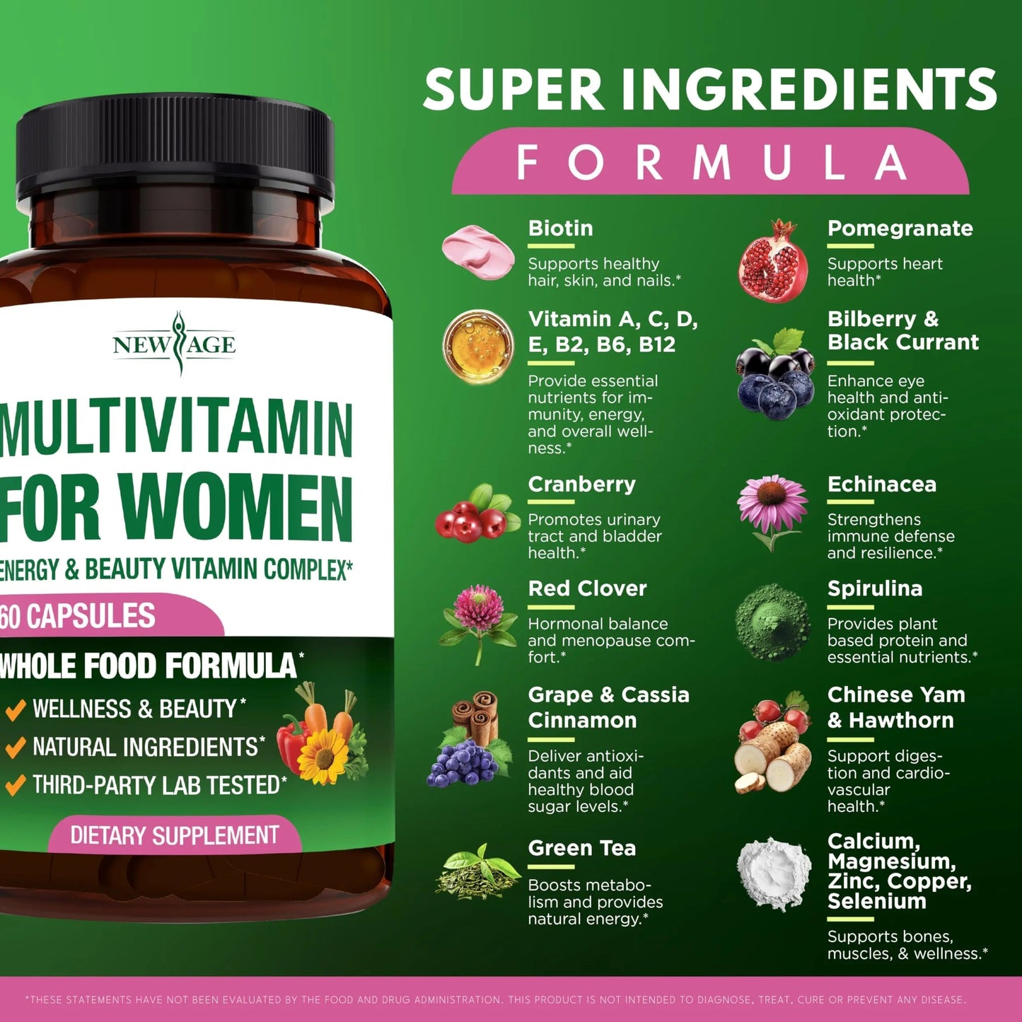 NEW AGE Multivitamin for Women - B-Complex, Whole Foods, Hair Support, Iron - All in1 Womens Multivitamin NEW AGE