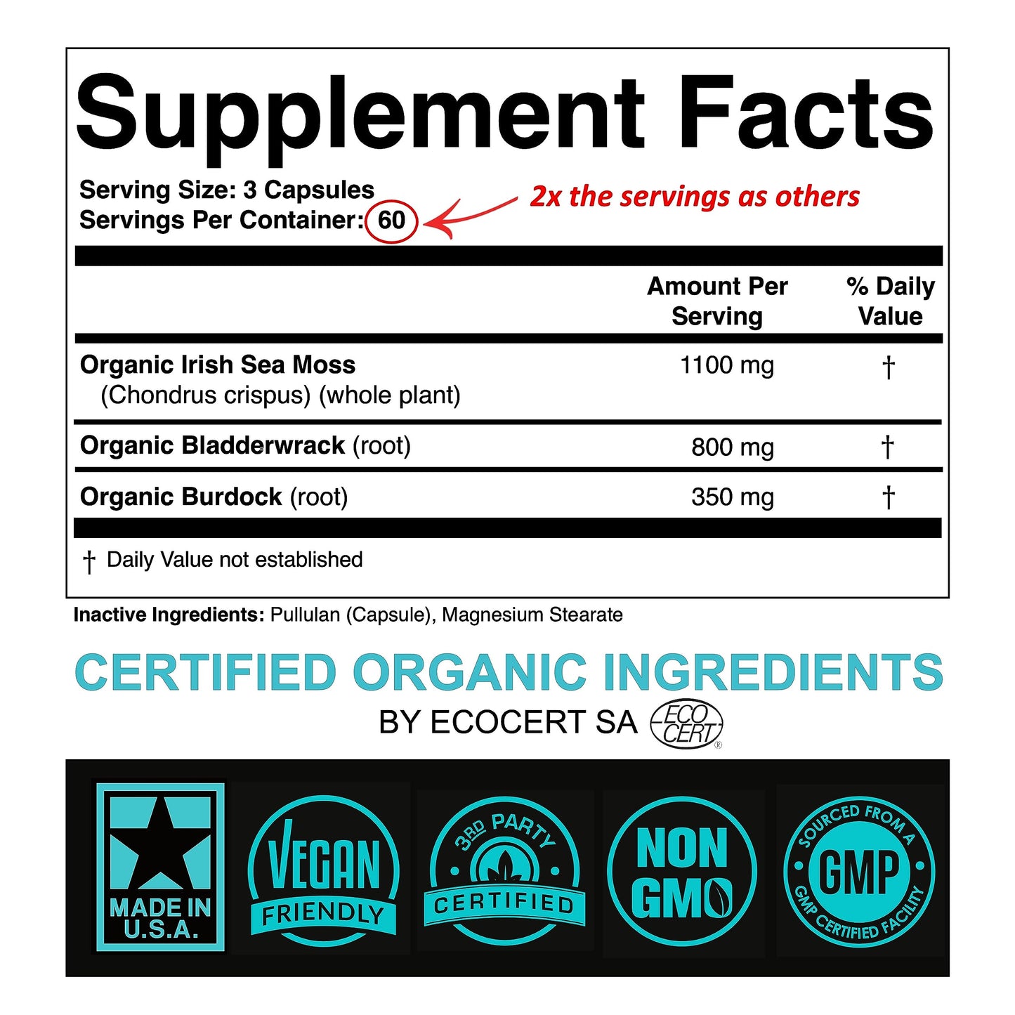 SPARTIS Certified Organic Sea Moss Capsules 2250mg Wildcrafted Irish Sea Moss Burdock Root Bladderwrack Supplement Raw Seamoss Pills & Powder (Pack of 1 at 180-Caps) SPARTISBuy Supplements Australia