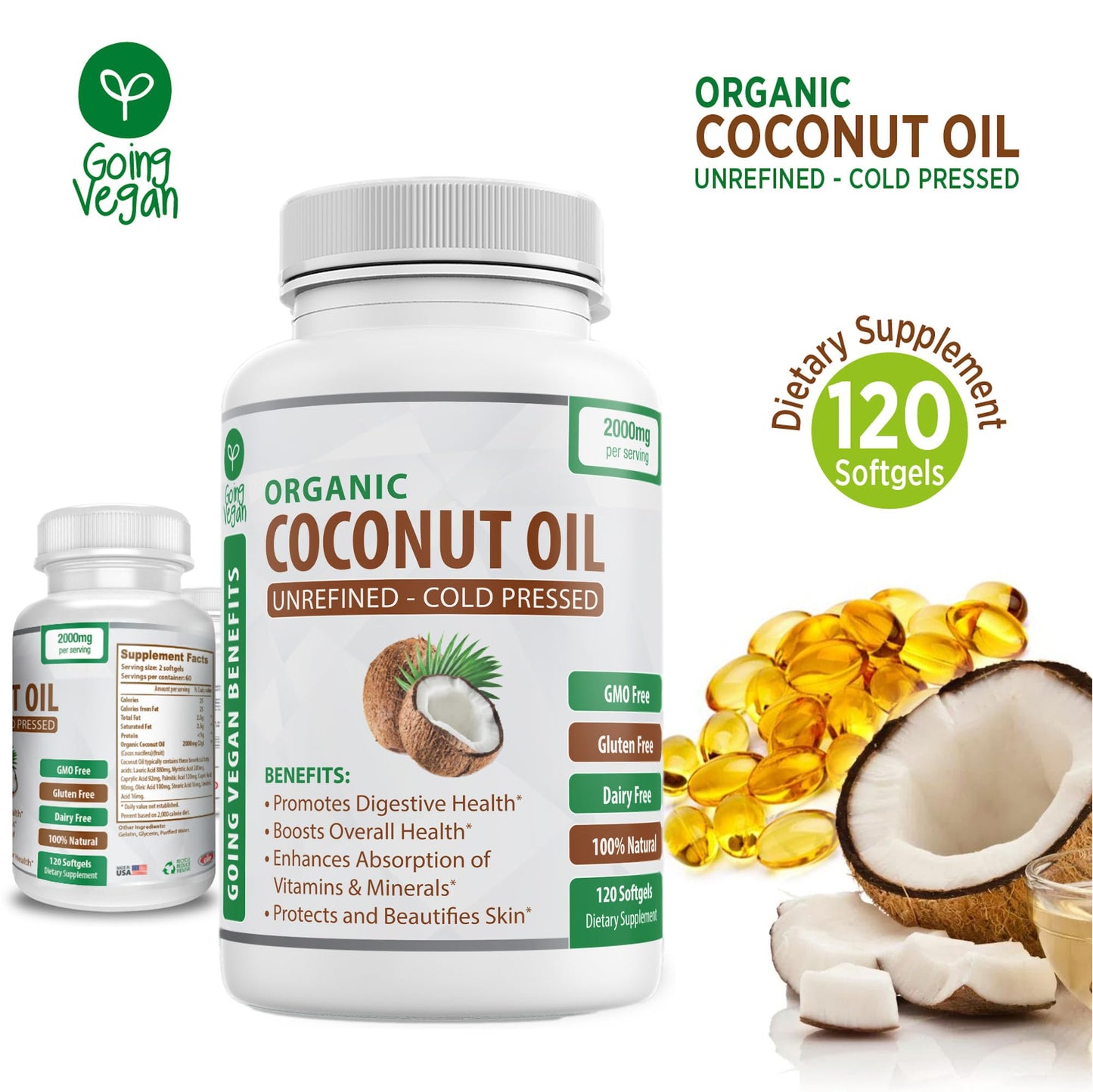 Organic Coconut Oil Capsules 2000mg - 100% Extra Virgin, Cold Pressed for Healthy Skin Going VeganBuy Supplements Australia