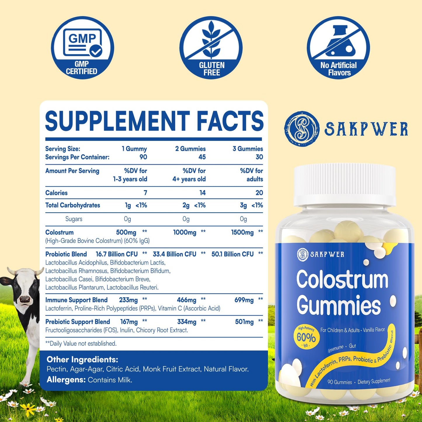 Sakpwer Bovine Colostrum Supplement Gummies - with 60% Highest IgG, Lactoferrin, Probiotics and Prebiotics for Adults and Kids, Vanilla Flavor & Sugar Free, 90 Gummies SakpwerBuy Supplements Australia