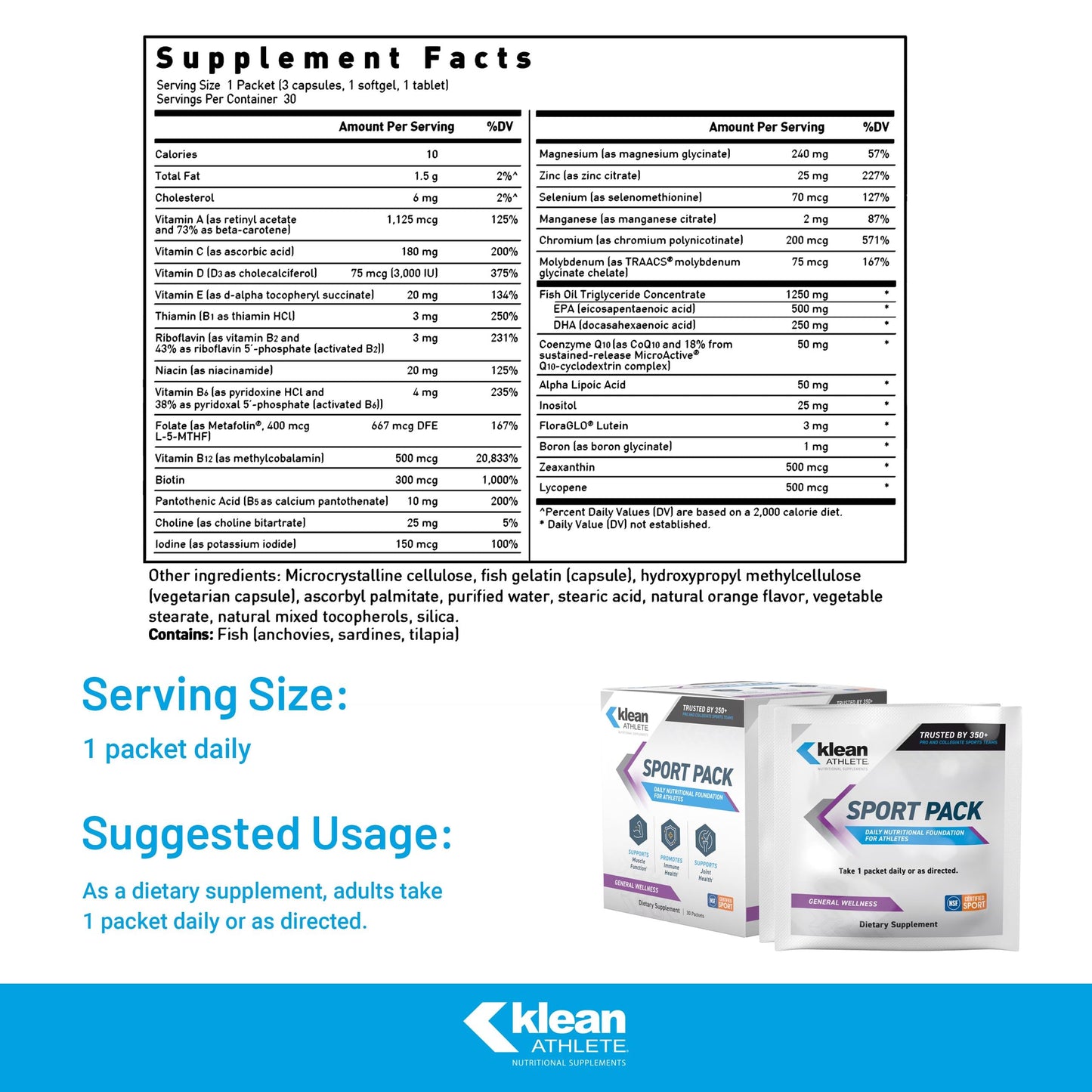 Klean Athlete Klean Sport Pack - Contains Magnesium Glycinate, Vitamin D & Omega-3 - Supports Muscle, Joint & Immune Health - NSF Certified - Daily Nutritional Supplement for Athletes - 30 Packets Klean AthleteBuy Supplements Australia