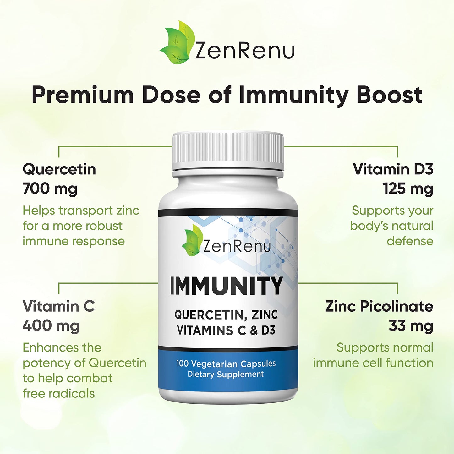 Zenrenu Immunity Quercetin 700 mg Zinc Vitamin C Vitamin D Immune Support Supplement with Curcumin - Easy to Absorb Immunity Supplement, 100 Vegetarian Capsules 50 Day Supply ZenrenuBuy Supplements Australia