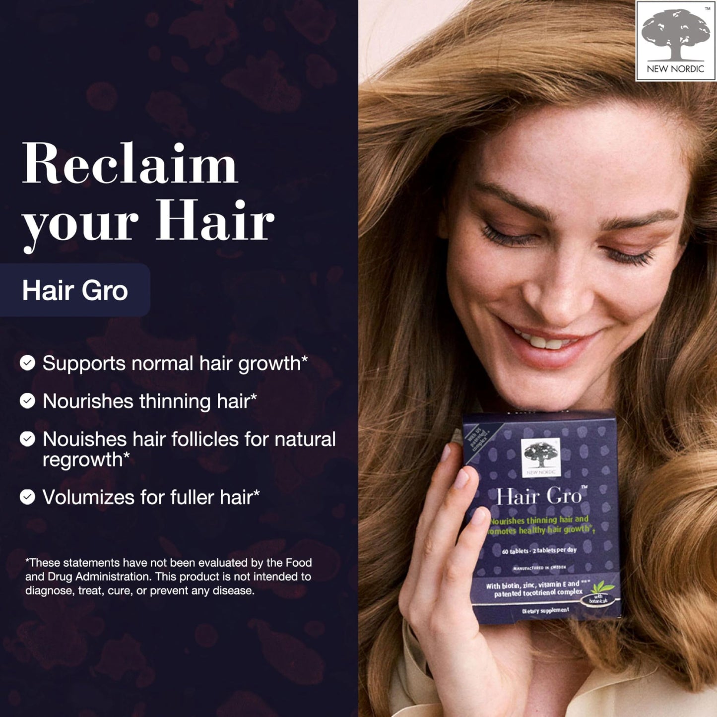 NEW NORDIC Hair GRO, Hair Growth Supplement, Biotin & Palm Fruit Extract Tocotrienols for Natural Regrowth, 60 Count (Pack of 3) NEW NORDICBuy Supplements Australia