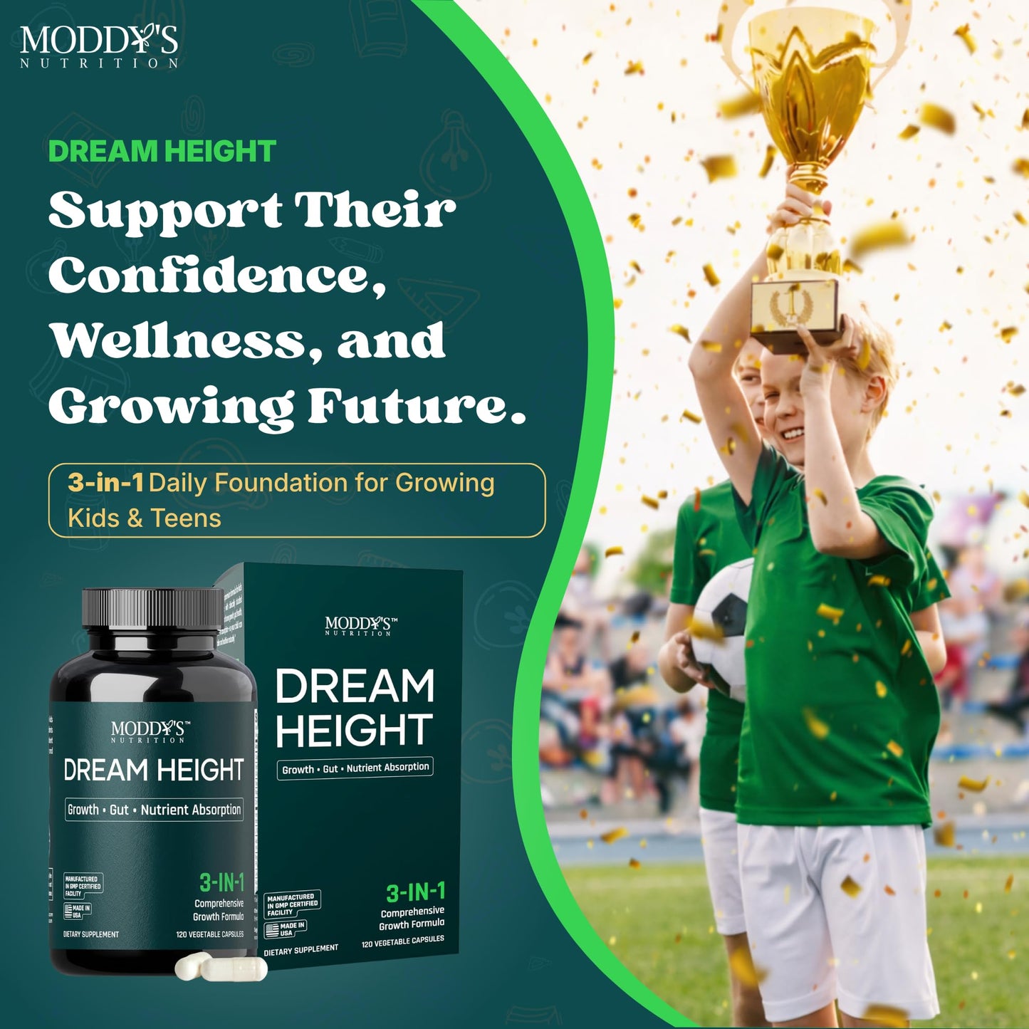 Moddy's Nutrition DreamHeight Growth Supplement for Kids & Teens, Bone, Immune & Sleep Support, Clinically Studied Formula, 120 Small Easy-to-Swallow Capsules Moddy's NutritionBuy Supplements Australia