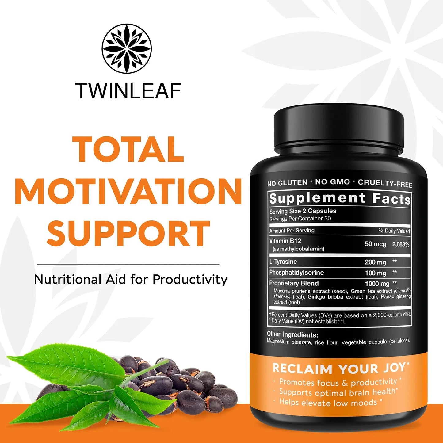 TWINLEAF Dopamine Brain Support Supplement, 1000 mg Blend - Made in USA - with DMAE, Vitamin B12 and L-Tyrosine TWINLEAFBuy Supplements Australia