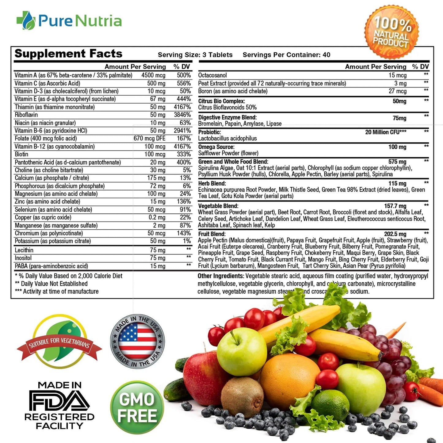 Whole Food MultiVitamin and Minerals with Probiotic Enzymes - 120 Multivitamins for Women and Men - Packed with WholeFood and Herbal Ingredients PureNutria
