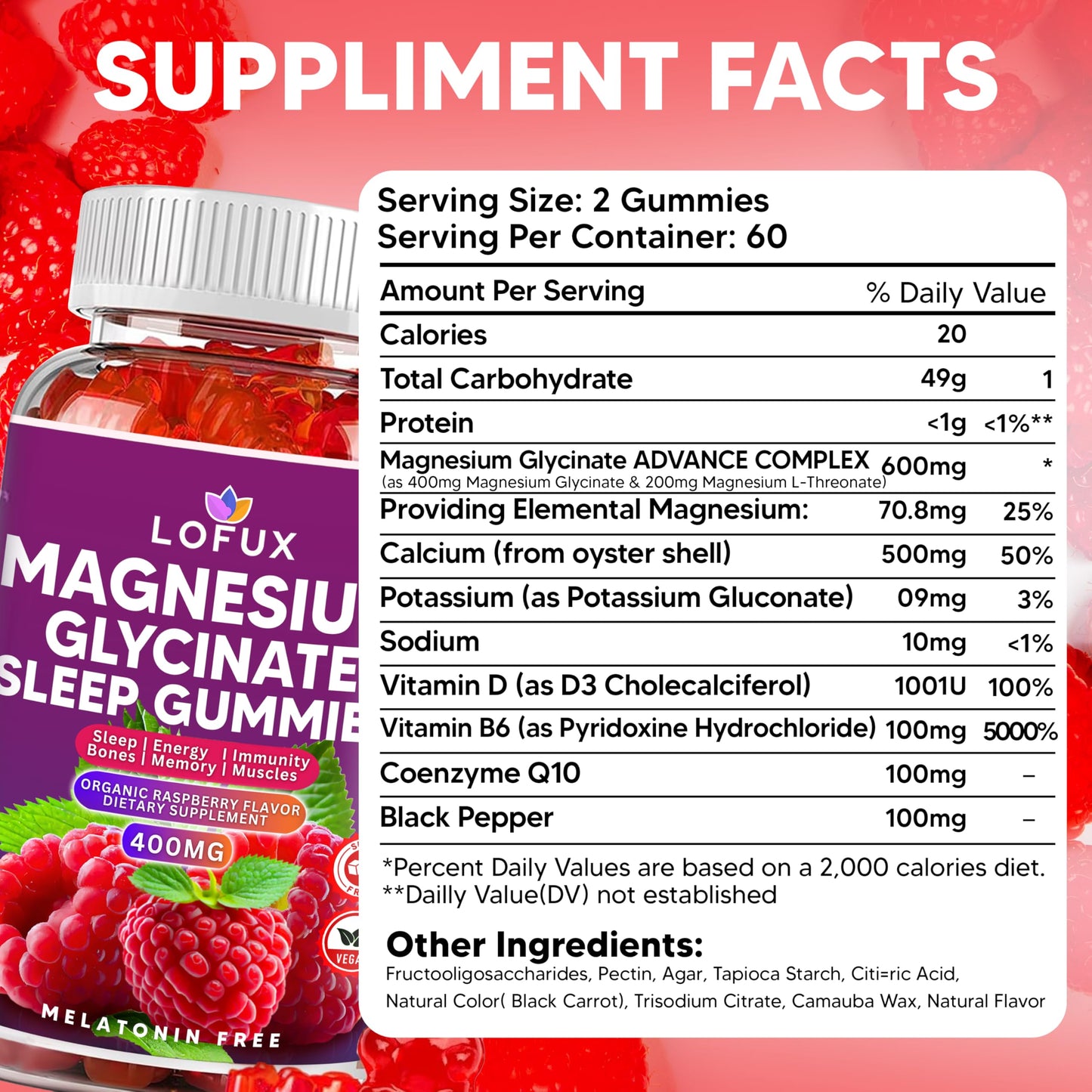 Lofux Magnesium Glycinate Gummies 400mg, Sugar Free Magnesium Gummies for Adults Women, Men, Chewable Supplement Gummy with L-Threonate, Vitamin D, B6, CoQ10 - for Calm, Sleep, Body Relaxation, 120 Ct LofuxBuy Supplements Australia