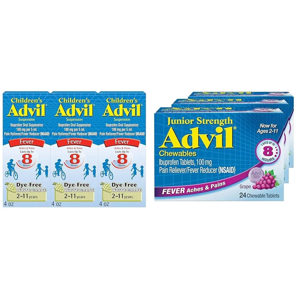 Advil Children's Pain Reliever and Fever Reducer, Dye Free Liquid Ibuprofen for Children (Pack of 3) and Advil Junior Strength Chewable Ibuprofen Pain Reliever and Fever Reducer, Grape Flavored Tablets for Children (Pack of 3) - Maple Wellness Supplements