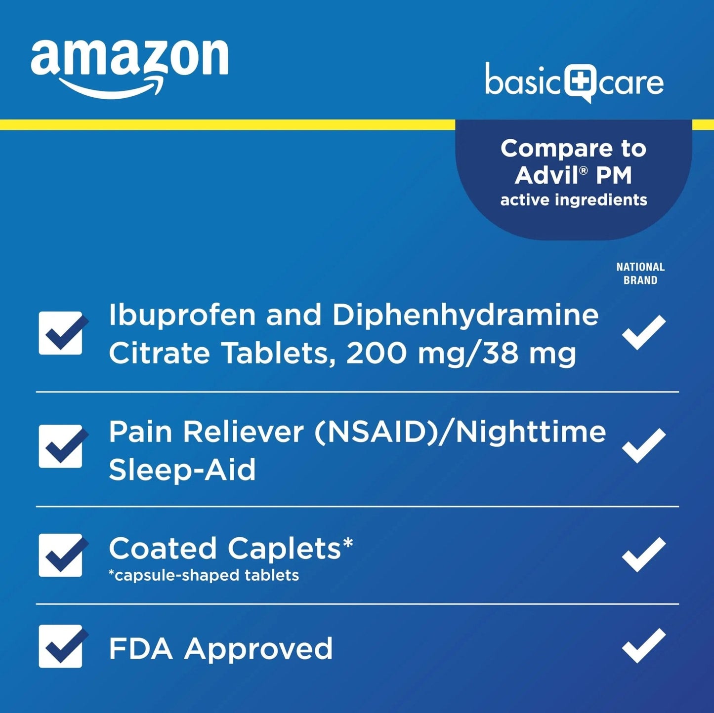 Amazon Basic Care Ibuprofen PM, Ibuprofen 200 mg and Diphenhydramine Citrate 38 mg, Pain Reliever and Nighttime Sleep-Aid, Capsule-Shaped Tablets, 120 Count - Maple Wellness Supplements