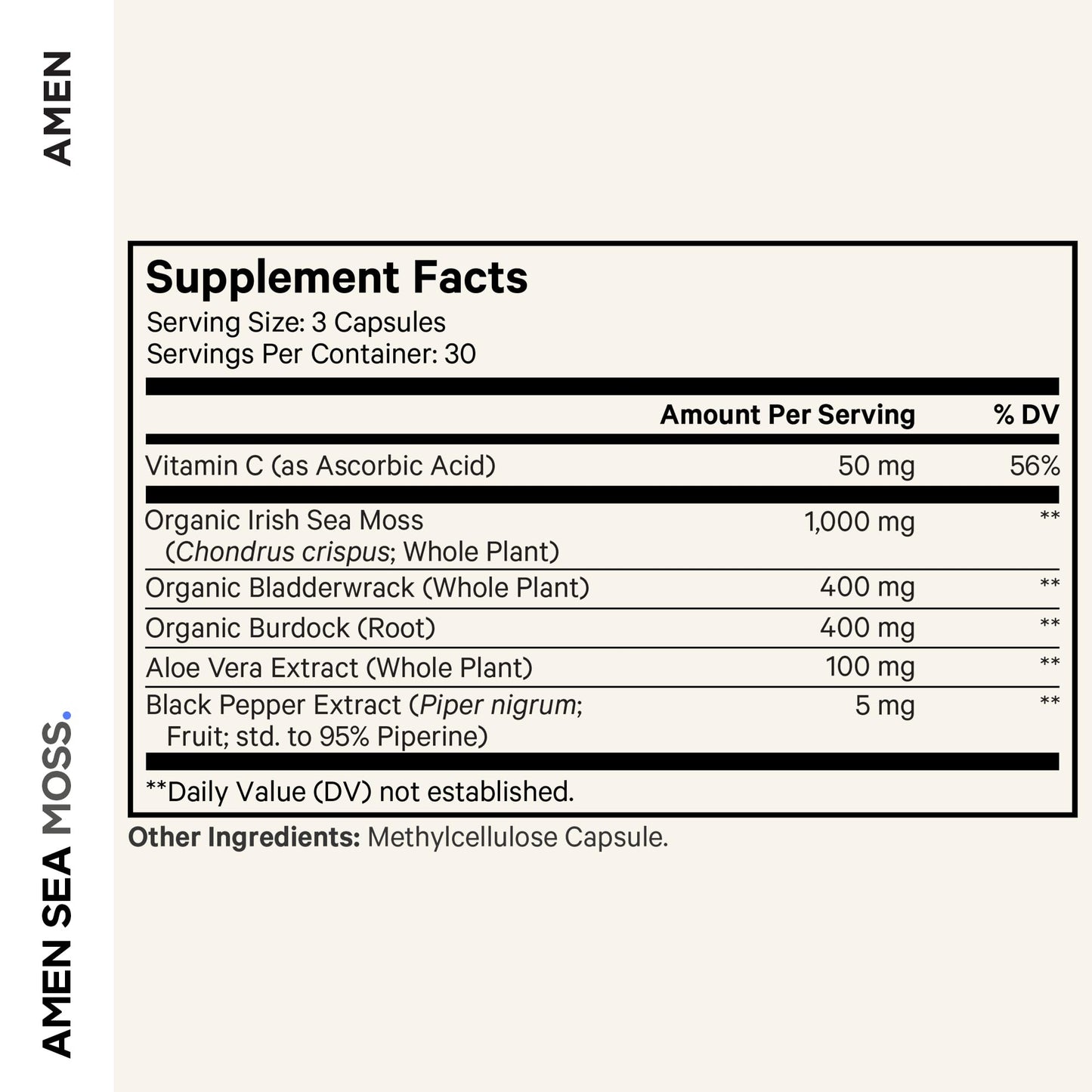 Amen Sea Moss Supplement - 1000mg Organic Irish Sea Moss, Bladderwrack, Burdock - Vitamin C, Aloe Vera, Black Pepper - Seaweed Superfood, Vitamins, Minerals, and Antioxidants - Non-GMO - 90 Capsules - Maple Wellness Supplements