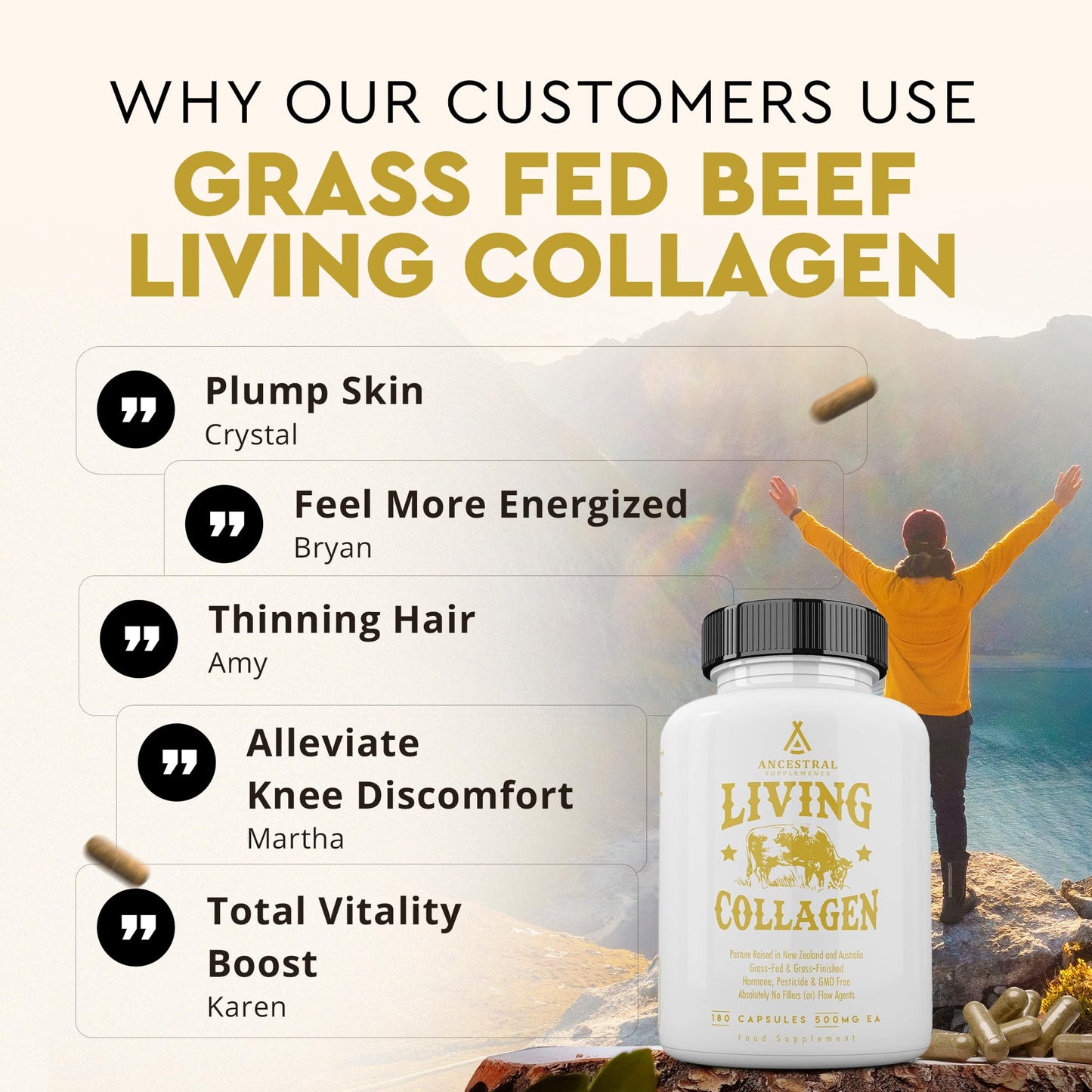 Ancestral Supplements Grass Fed Beef Living Collagen Nutritional Powder Supplement, 3000mg, Promotes Healthier, Younger Looking Skin, Hair - Maple Wellness Supplements