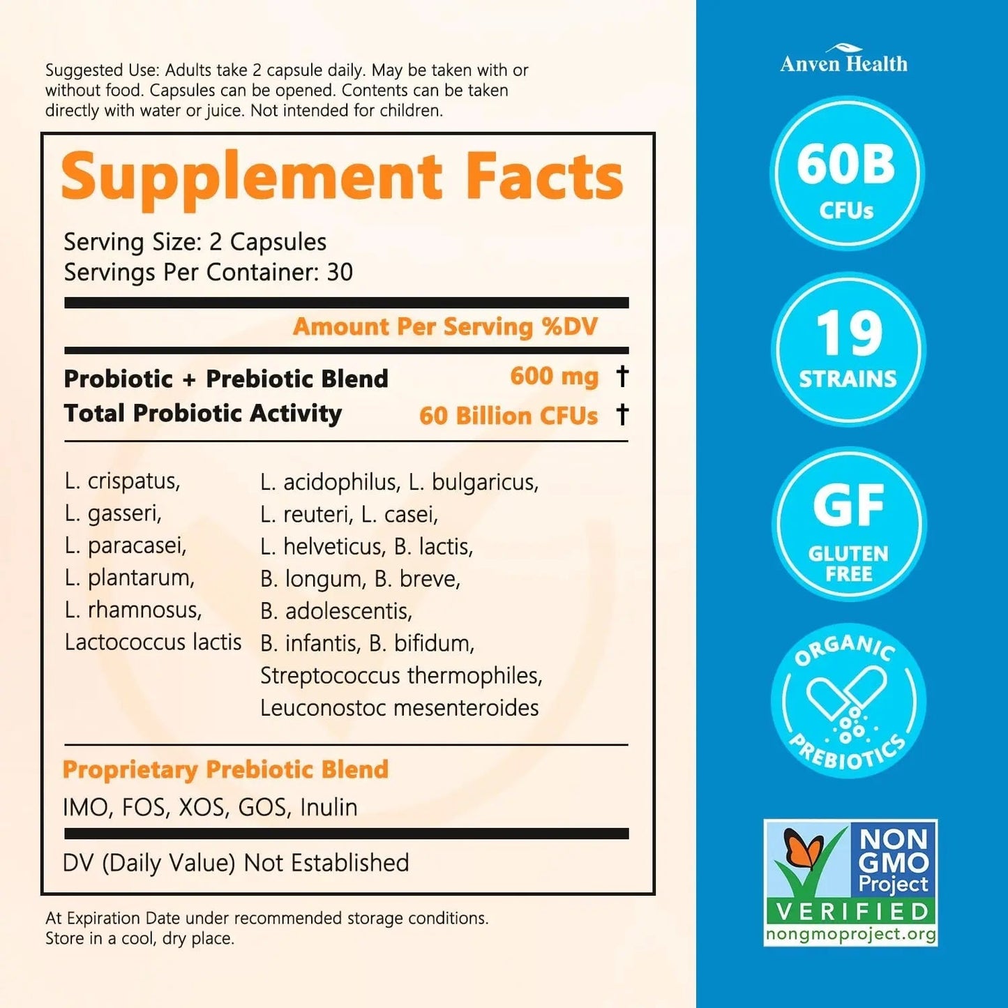 Anven Health 60 Billion Probiotics for Women and Men 19 Strains 5 Organic Prebiotics for Gut Digestive & Immune Health, Supports Diarrhea Gas Bloating, Vegan Probiotic Supplement Formula丨120 Caps - Maple Wellness Supplements