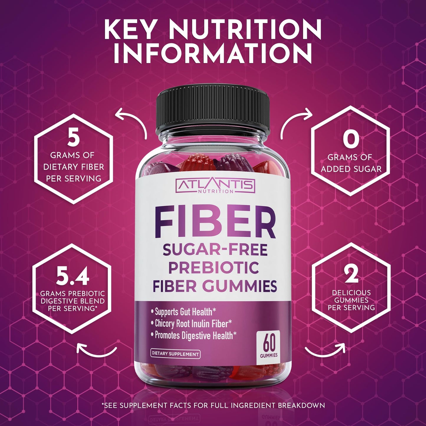 Atlantis Nutrition Sugar Free Fiber Gummies for Adults - 5G Fiber Supplement Formulated with 5.4G Prebiotic Digestive Blend/Serving - Supports Gut Health & Healthy Digestion - Maple Wellness Supplements