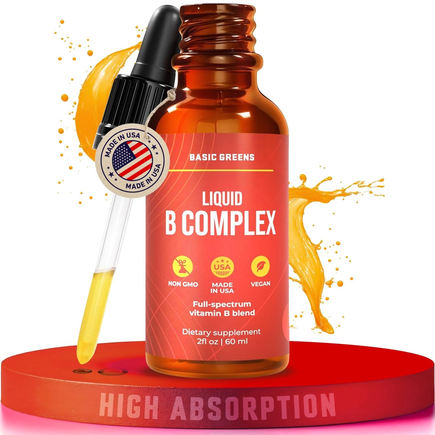 BASIC GREENS Vitamin B Complex Liquid Drops - Strength Sublingual Formula, Maximizes Absorption & Boosts Energy - B1, B2, B3, B5, B6, B7, B9, B12 - Natural Vegan Supplement - Maple Wellness Supplements