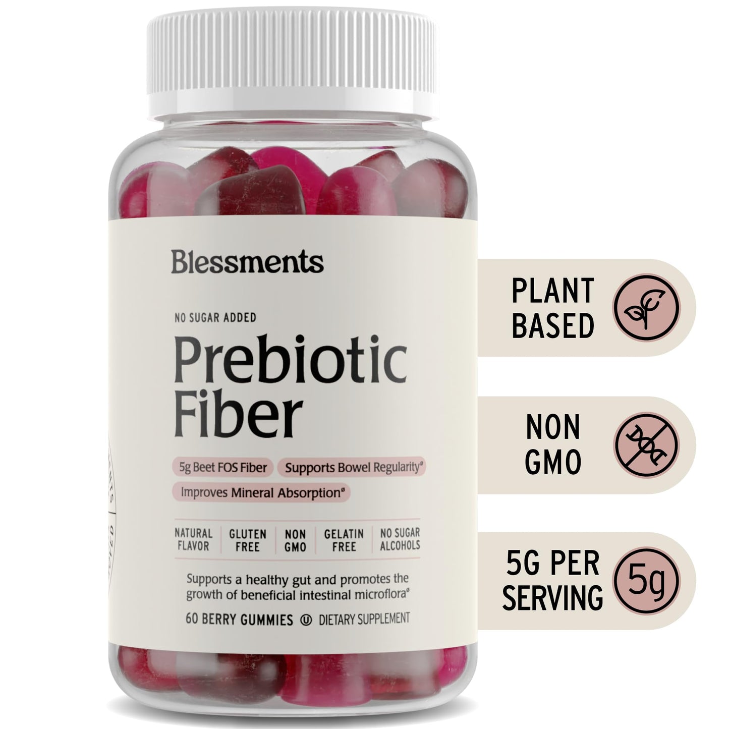 Blessments - Prebiotic Fiber Gummies for Adults & Kids with No Added Sugar- 5g (60 Count) High Fiber Supplement Gummies - Vegan - Keto Friendly - Digestive Health Supplements - Maple Wellness Supplements
