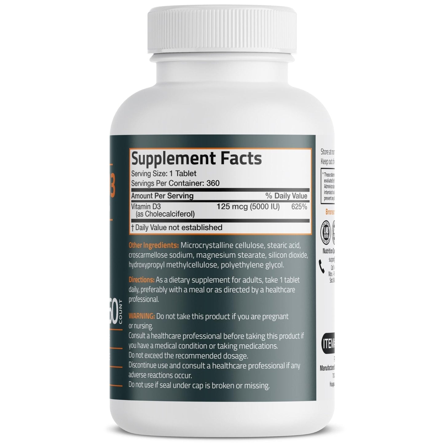 Bronson Vitamin D3 5000iu (125mcg) Healthy Muscle Function and Immune Support, Non-GMO, 360 Tablets - Maple Wellness Supplements