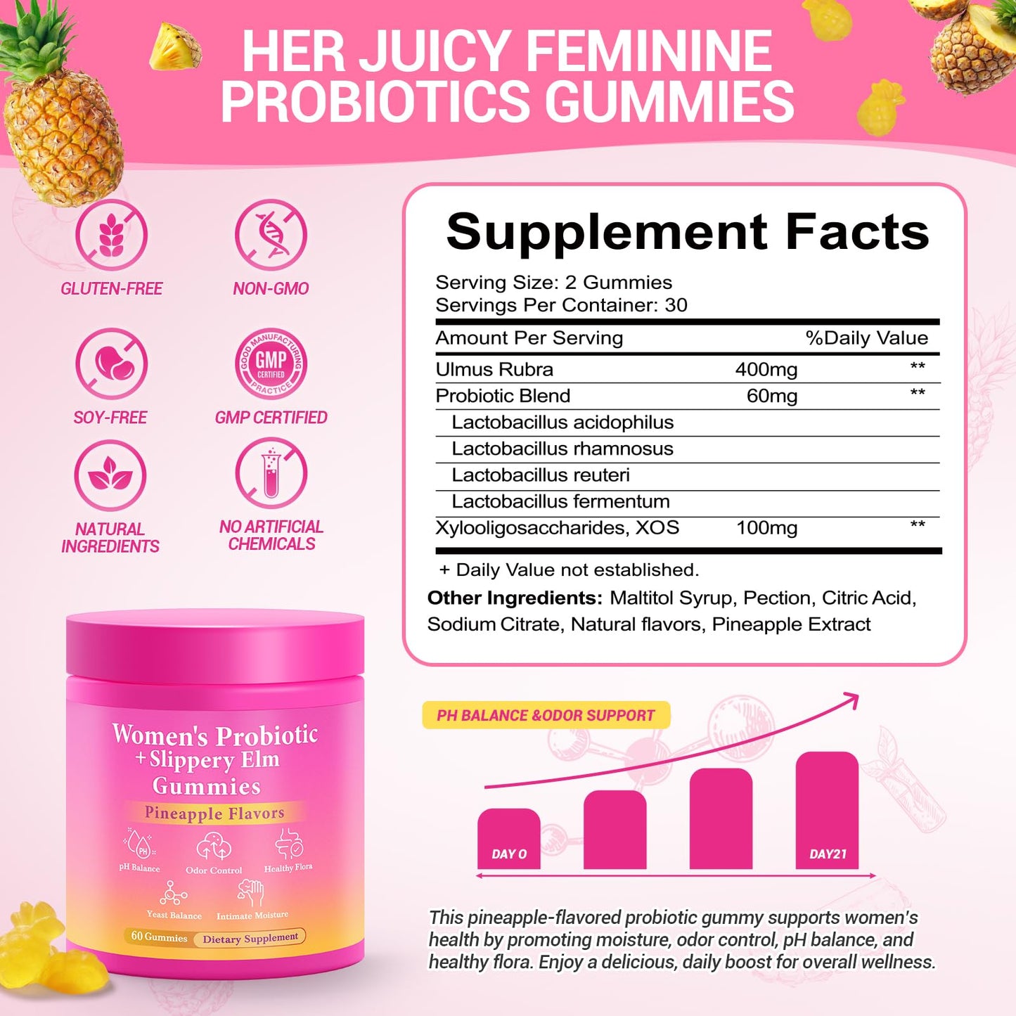 BURMINY Her Juicy Feminine Probiotics Gummies, Premium Feminine Balance Probiotics with Slippery Elm for Women's pH Balance and Freshness – Support Daily Wellness - Maple Wellness Supplements