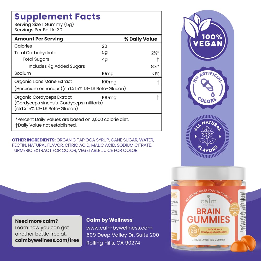 Calm by Wellness Lion’s Mane Gummies for Adults – Vegan Mushroom Gummies with Lion’s Mane & Cordyceps for Brain Support, Memory & Focus, Immune Boost – Citrus Flavor, 30 Count - Maple Wellness Supplements