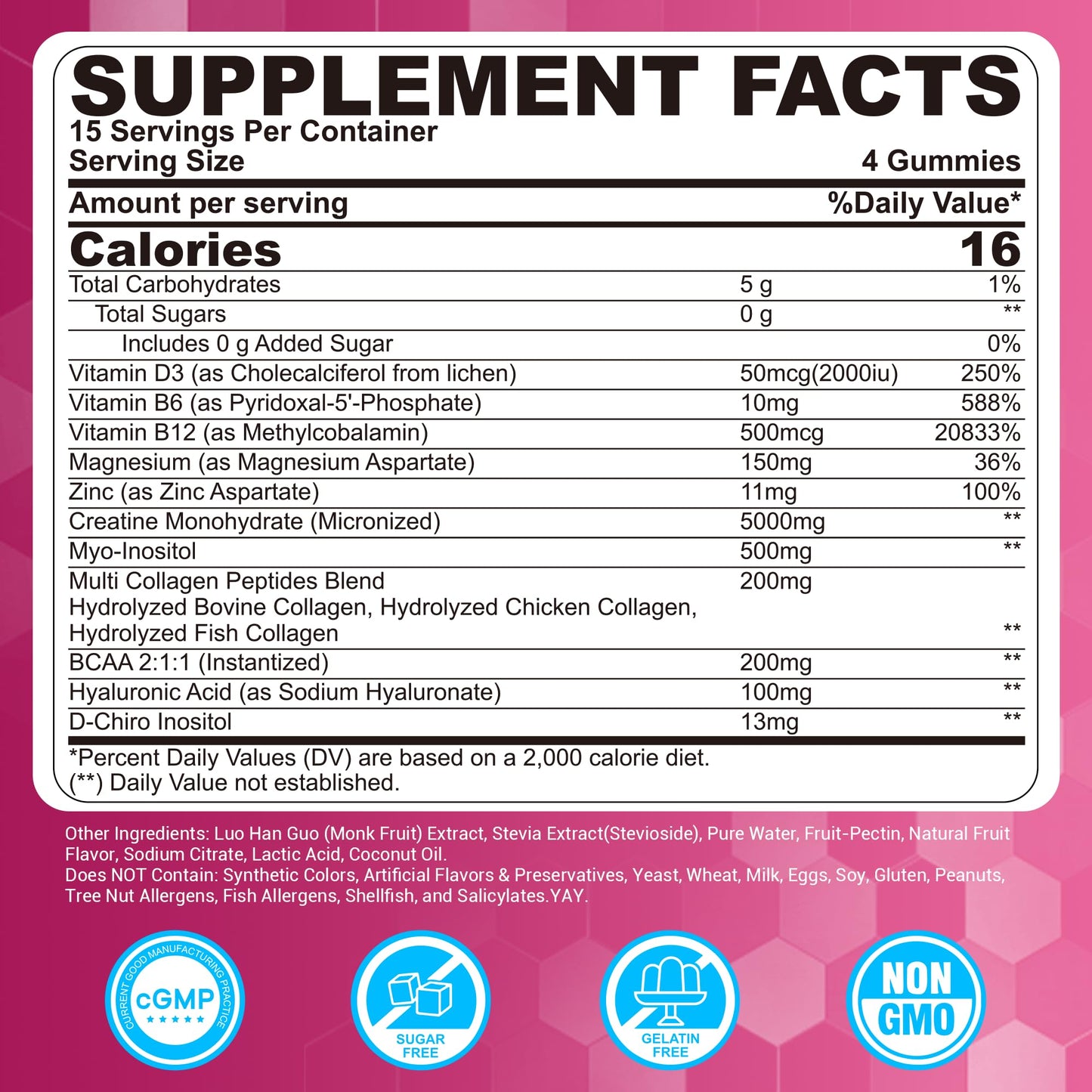 Creatine for Women Gummies, Micronized Creatine Monohydrate + Myo-Inositol, Collagen Peptides, BCAAs, Hyaluronic Acid, Vitamin B6 B12, Zinc for Enërgy, Föcus, Hörmonal Balance, Sugar Free, 120 Counts - Maple Wellness Supplements