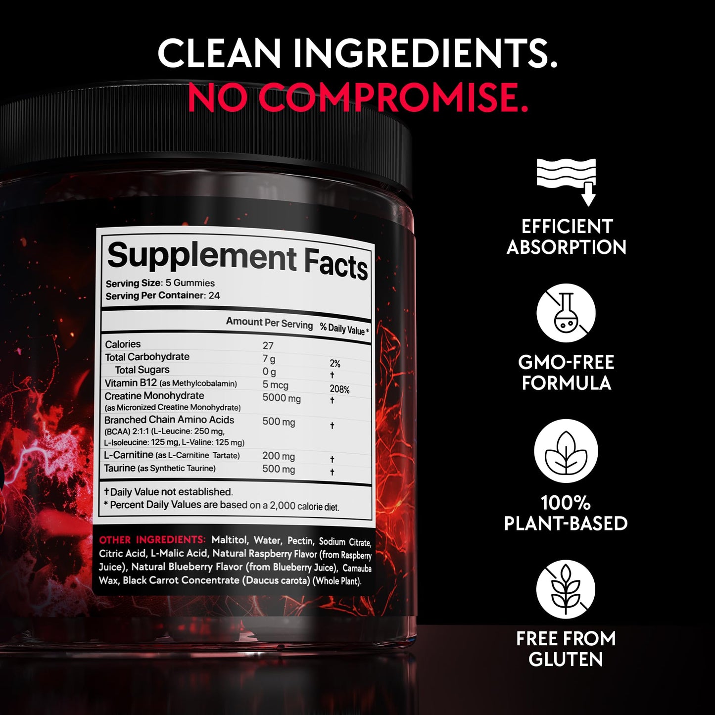 Creatine Monohydrate Gummies Complex 5000 MG for Men & Women, Preworkout Gummy with BCAA, L-Carnitine, Taurine & Vitamin B12 for Muscle Growth, - Maple Wellness Supplements