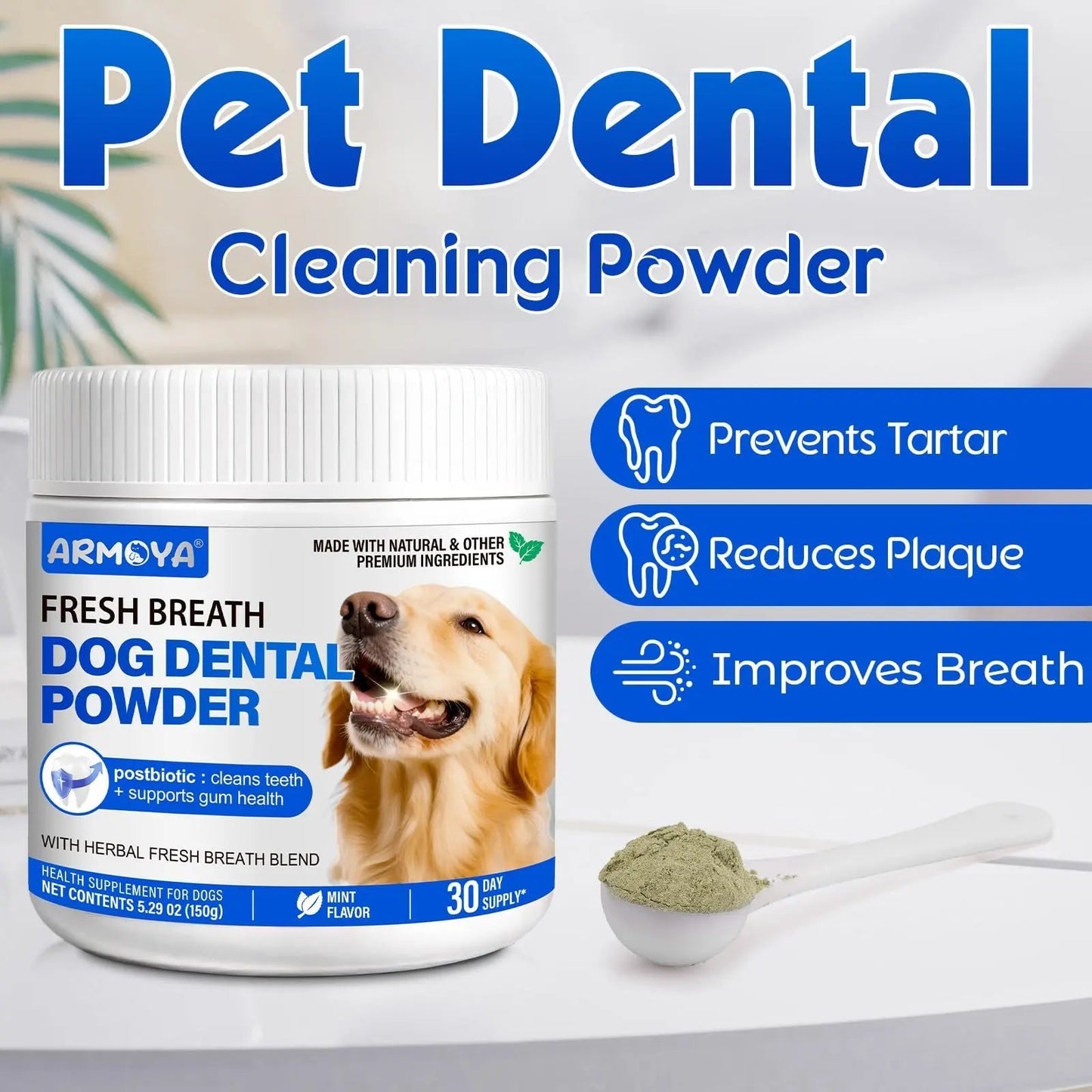 Dog Teeth Cleaning Powder - Dental Powder for Dogs Teeth - Plaque Removal - Supports Gum Health - Tartar Remover with Natural Herb Blend and Postbiotics 30 Day Supply - Mint Flavor - Maple Wellness Supplements