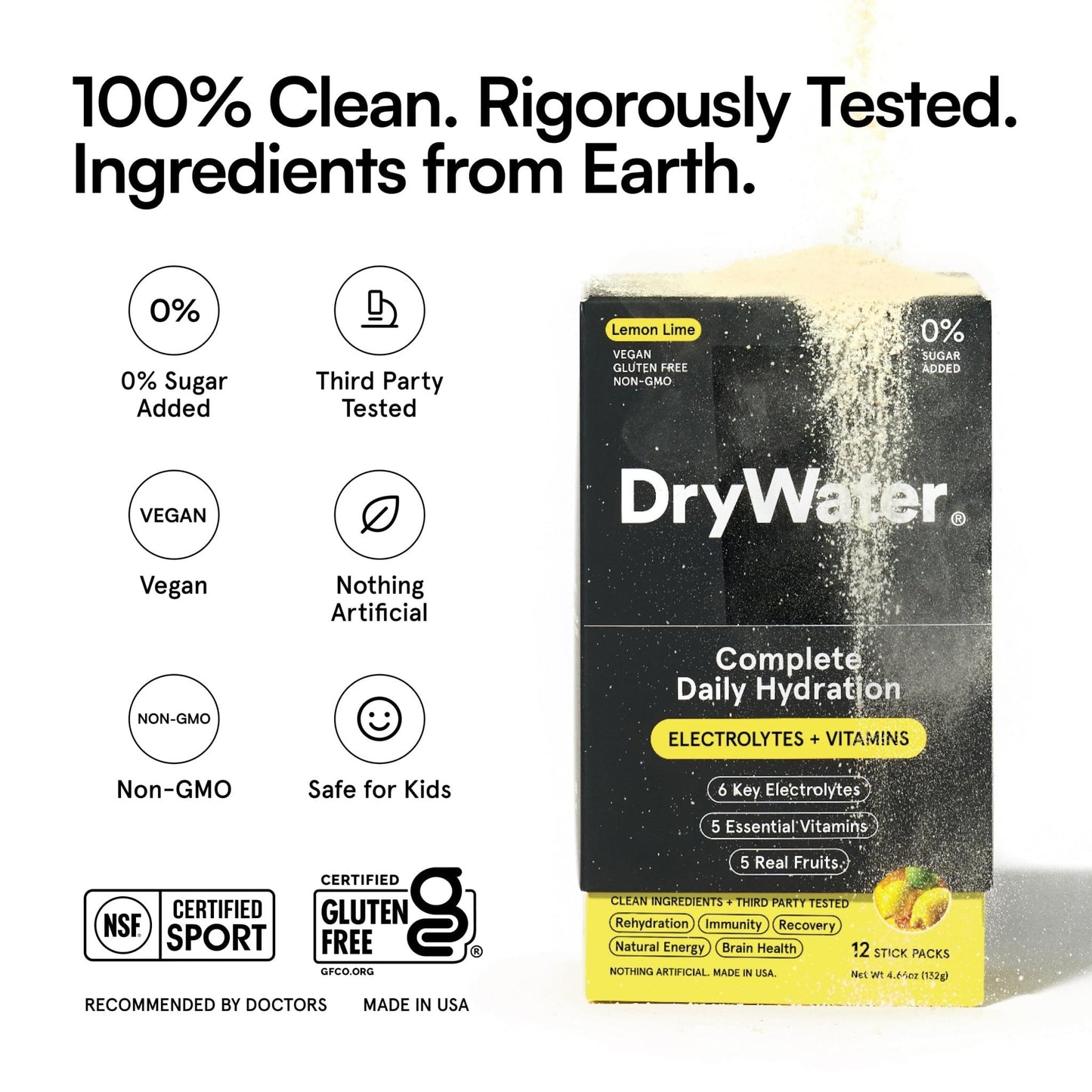 DryWater Electrolyte Powder Packets, Lemon Lime - Hydration Packets Drink Mix with Zero Added Sugar for Rehydration & Energy - 6 Key Electrolytes - Maple Wellness Supplements