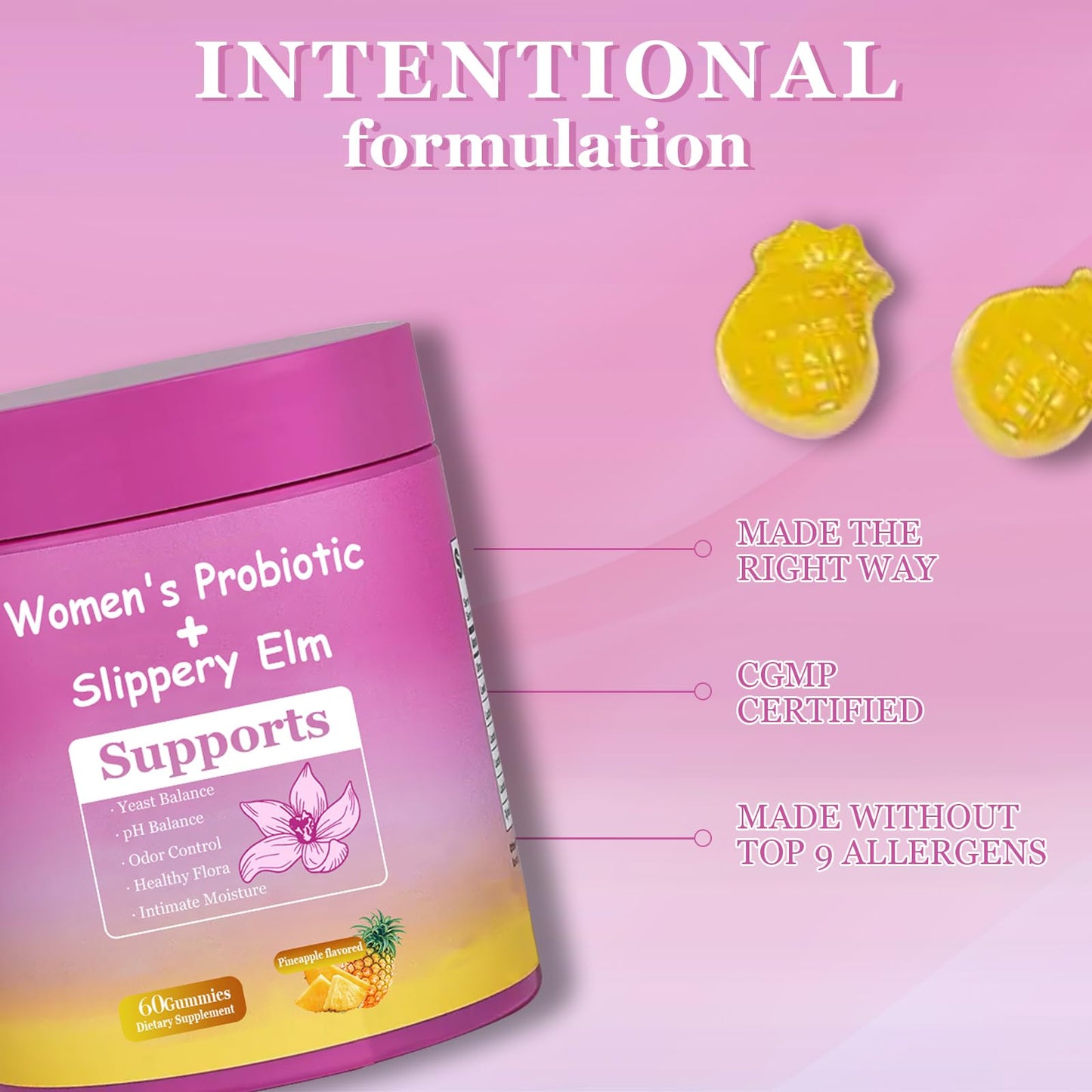 DYALE Her Juicy Feminine Probiotics Gummies for Women | Pineapple Flavor | Supports pH Balance, Gut Health & Immune System | with Slippery Elm, Prebiotics & Lactobacillus Blend | 60 Gummies (2pcs) - Maple Wellness Supplements
